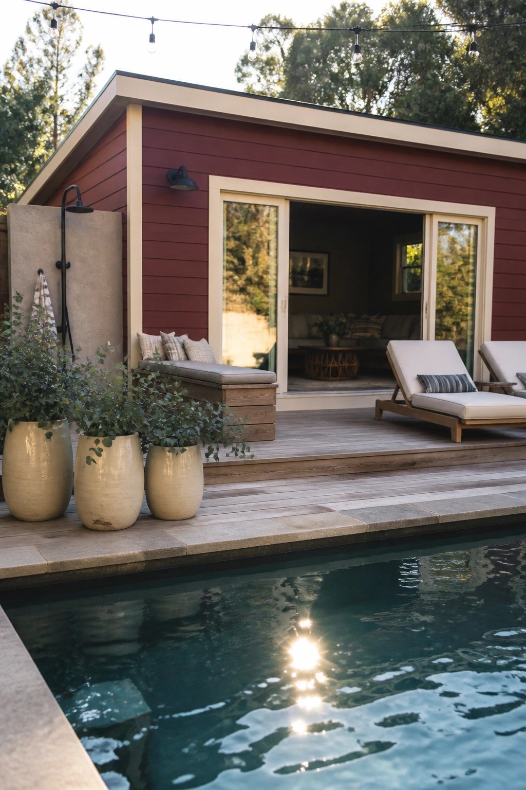 A wine red house with cream trim around large sliding doors, a wooden deck with lounge chairs, potted plants, and a swimming pool in the foreground.
