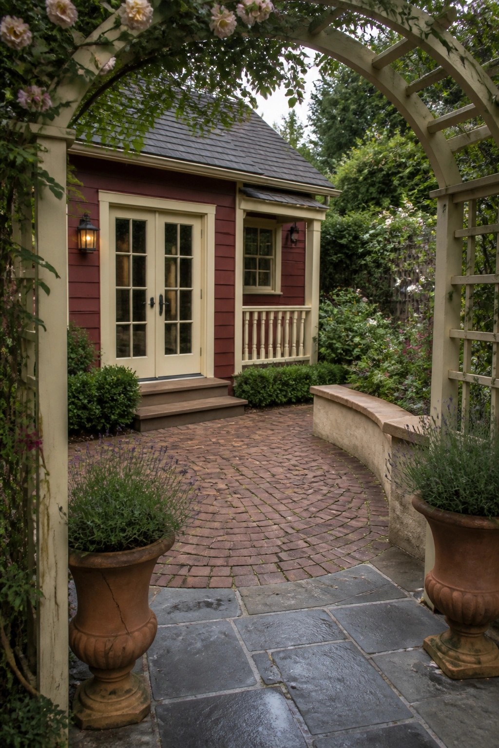 A red house with cream trim around the doors and windows stands at the end of a brick path, framed by an arched trellis with roses.