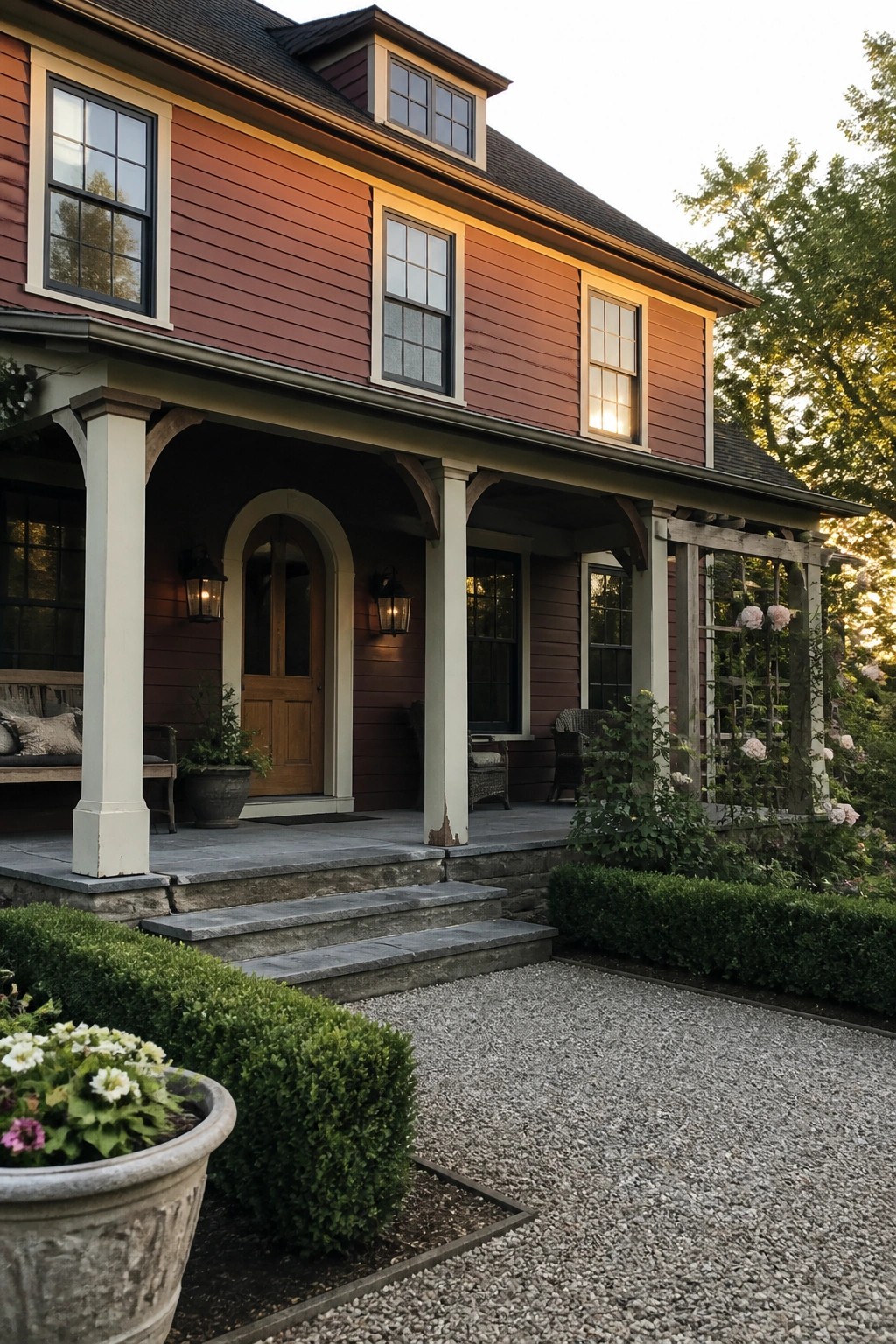 A two-story house with red siding, cream trim on the porch columns and window frames, a stone porch with steps, and a wooden front door.