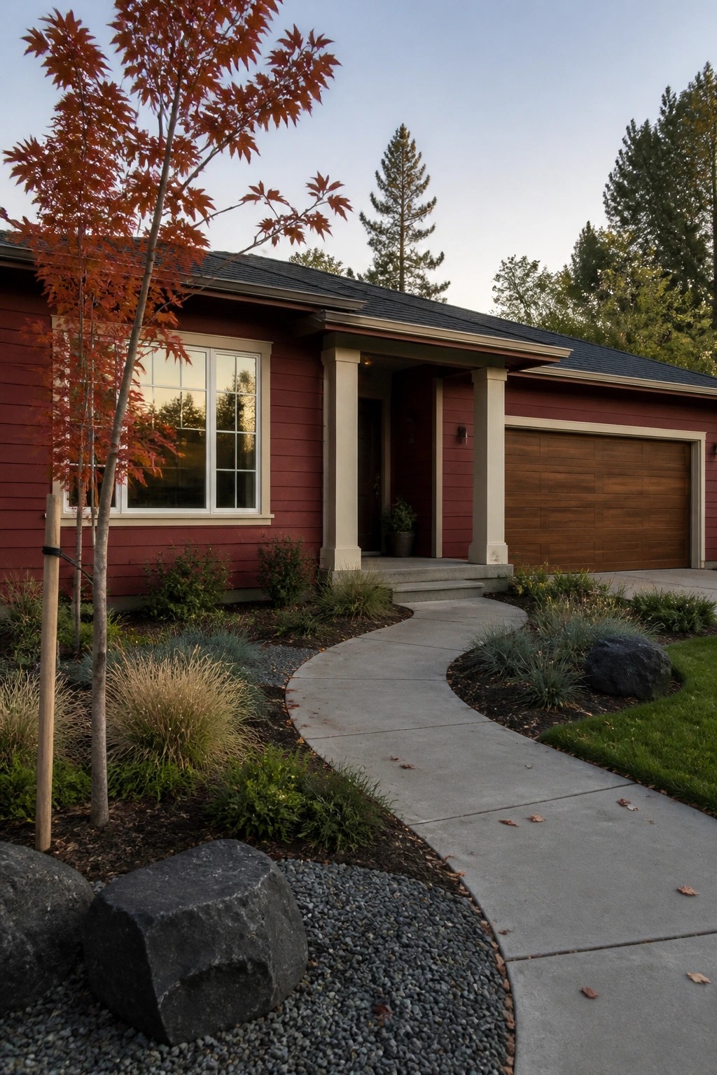 Red house with wooden garage door, curved walkway, rocks and red maple tree.