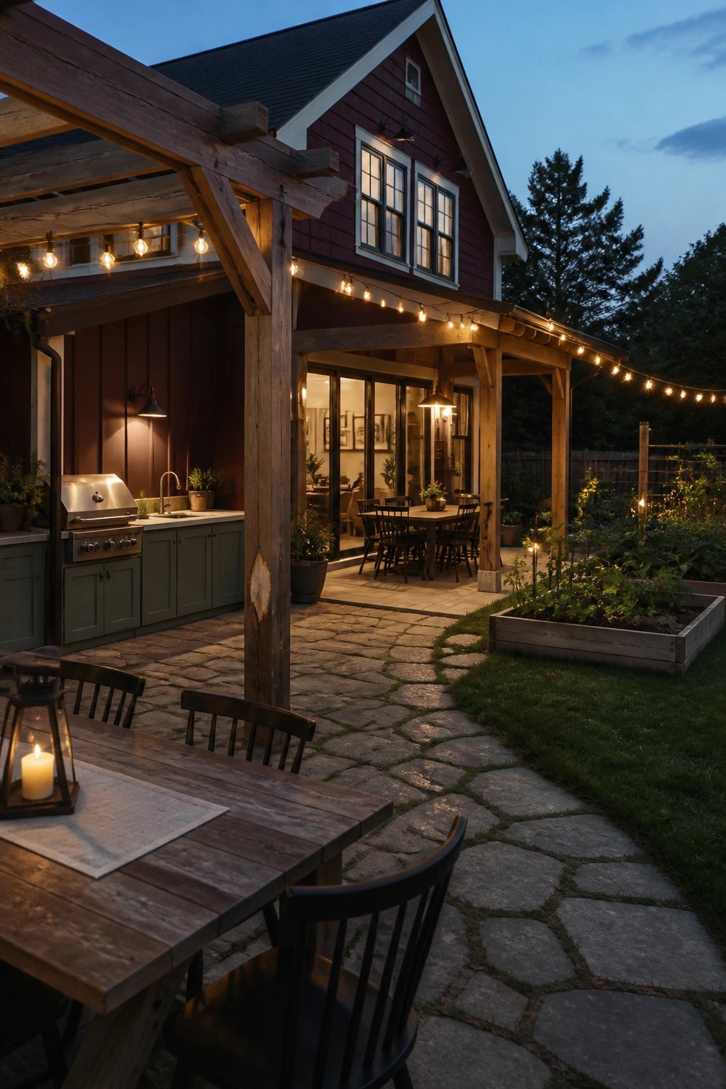 A burgundy farmhouse exterior at dusk with a large wooden pergola covering a stone patio, outdoor dining table, grill station, and raised garden beds.