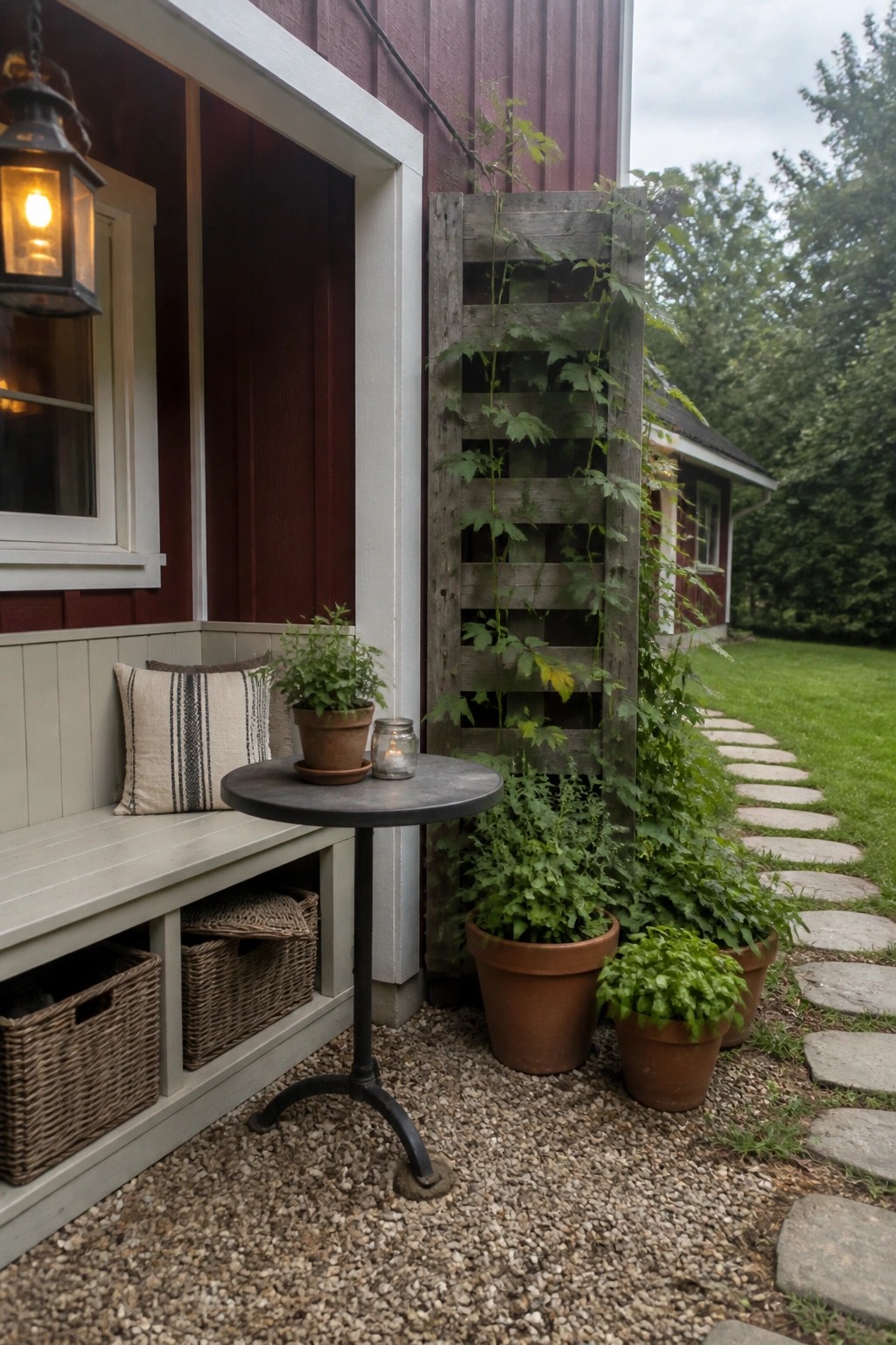 Maroon house porch with bench, round table, potted plants, trellis, and stone path.