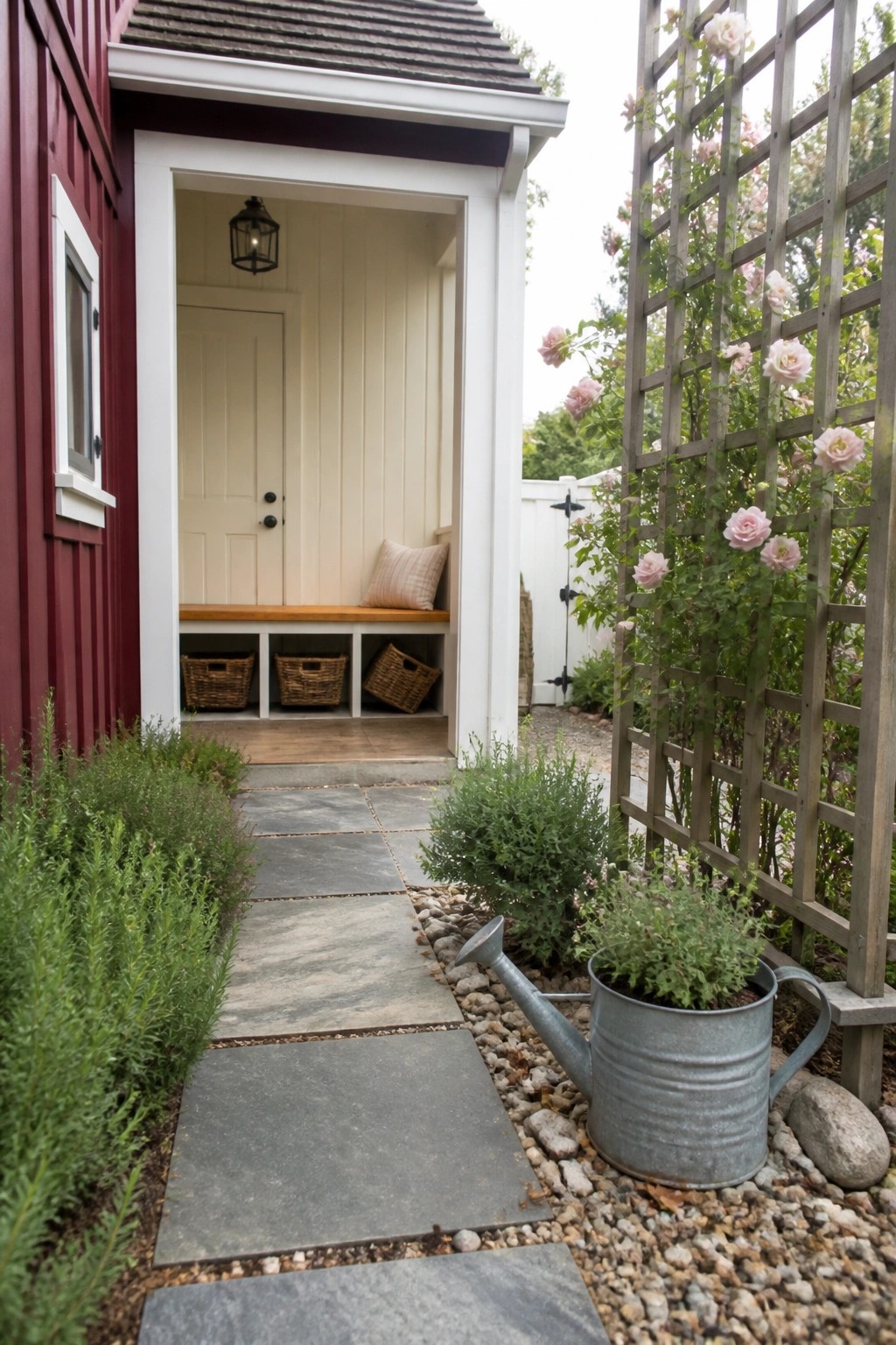 A stone path leads to a recessed entry on a red house with white trim, showing a built-in wooden bench with baskets underneath.