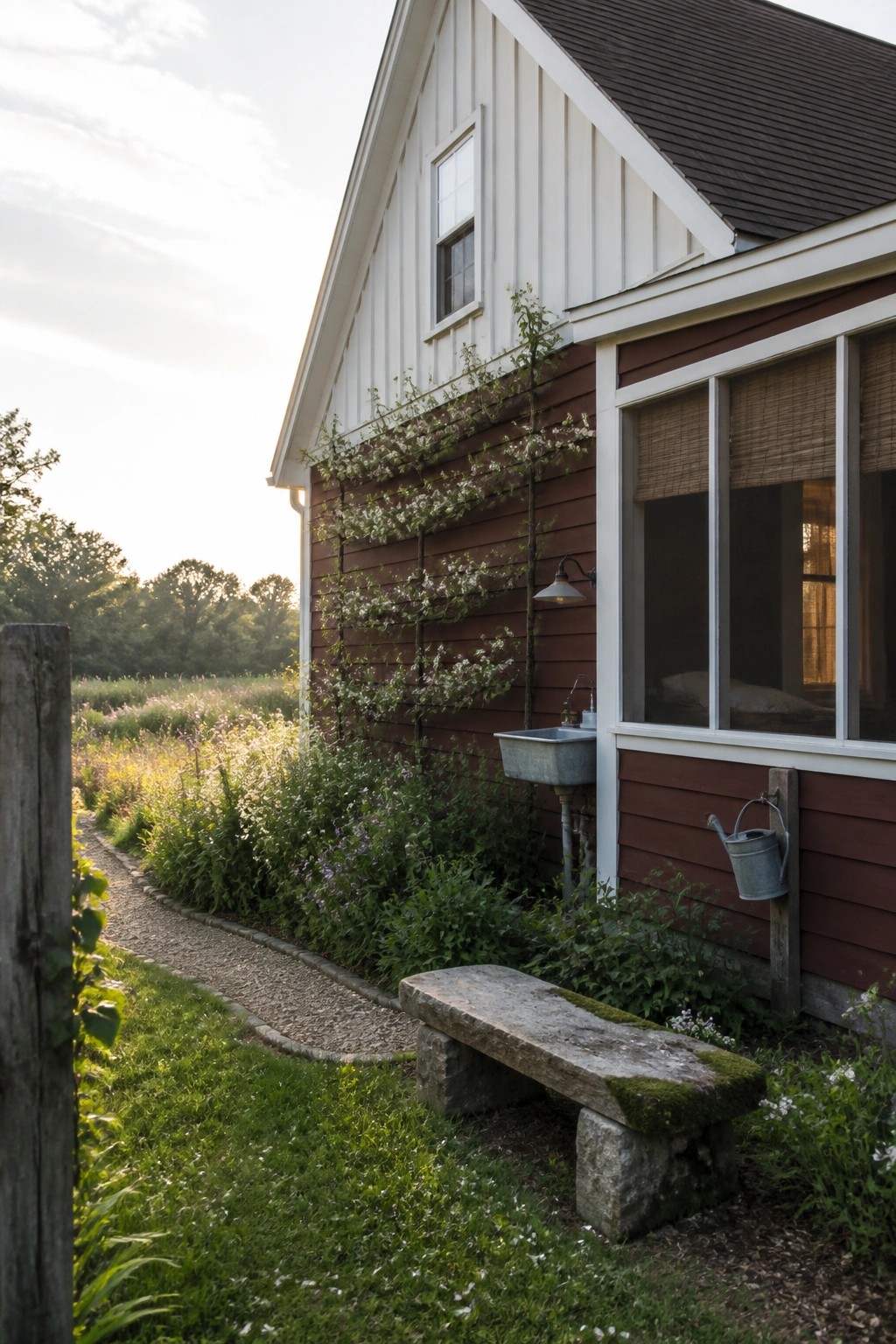 A burgundy farmhouse with white board-and-batten siding, an exterior sink, climbing vines on the wall, and a gravel path leading past a stone bench.