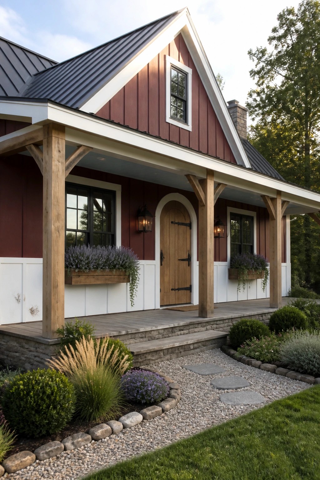 A burgundy farmhouse exterior with white board and batten on the lower half, a wooden front door under an arched trim, and a covered porch supported by wooden posts.