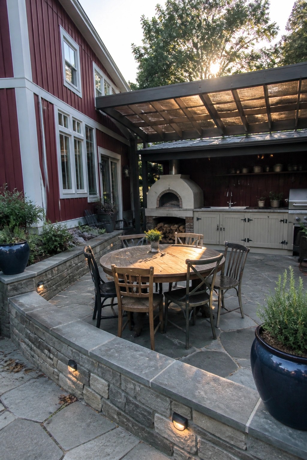 A burgundy house with white trim has a stone patio bordered by low walls, featuring a round wooden dining table under a dark wooden pergola next to an outdoor kitchen with a pizza oven.