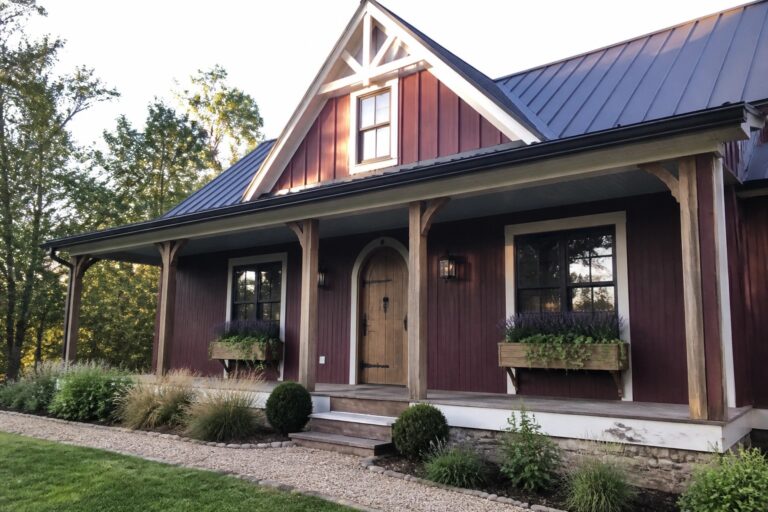 20 Rustic Burgundy Farmhouse Exteriors Featuring White Board-and-Batten Details A burgundy farmhouse exterior with white board and batten on the lower half, a wooden front door under an arched trim, and a covered porch supported by wooden posts.