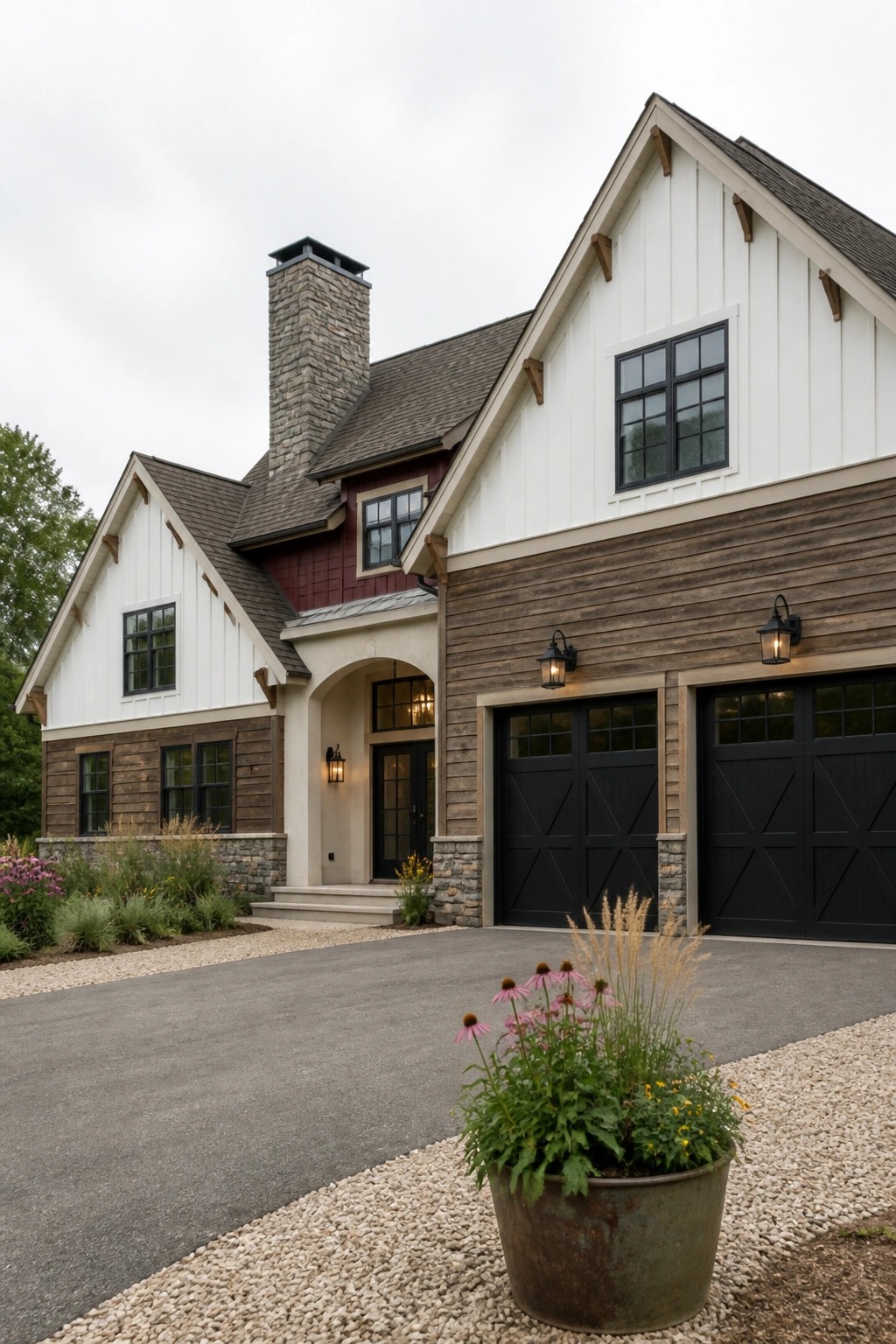 Modern farmhouse with white siding, wood accents, stone chimney, and black garage doors.