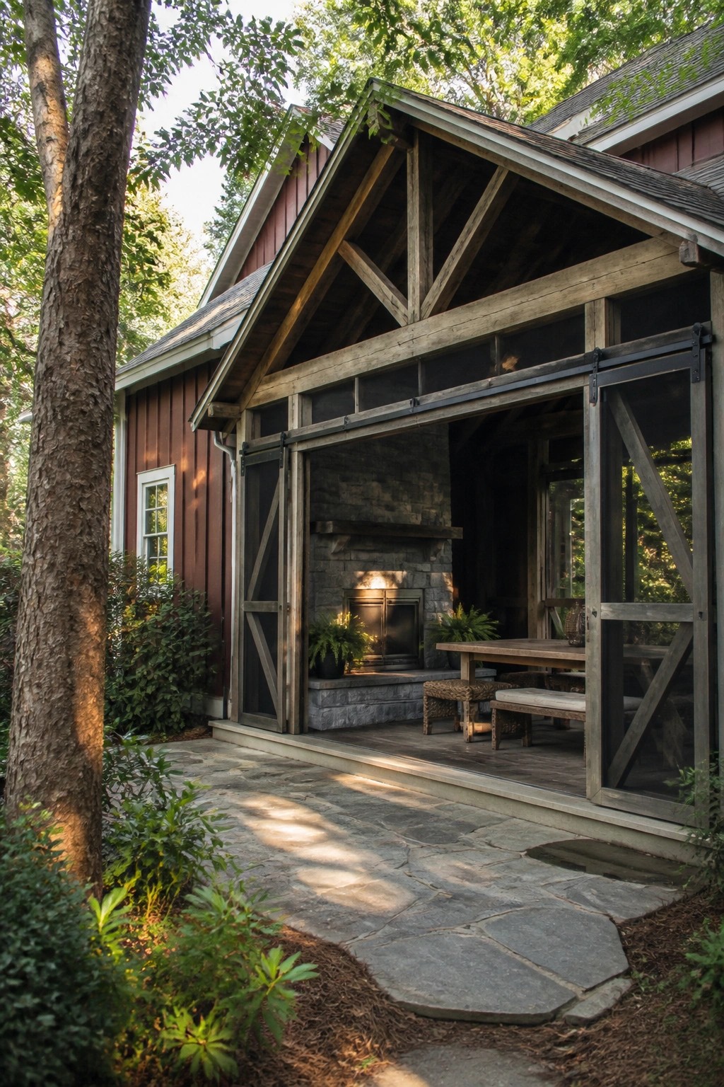 Rustic red wooden house with open porch, stone fireplace, wooden table, and stone patio.