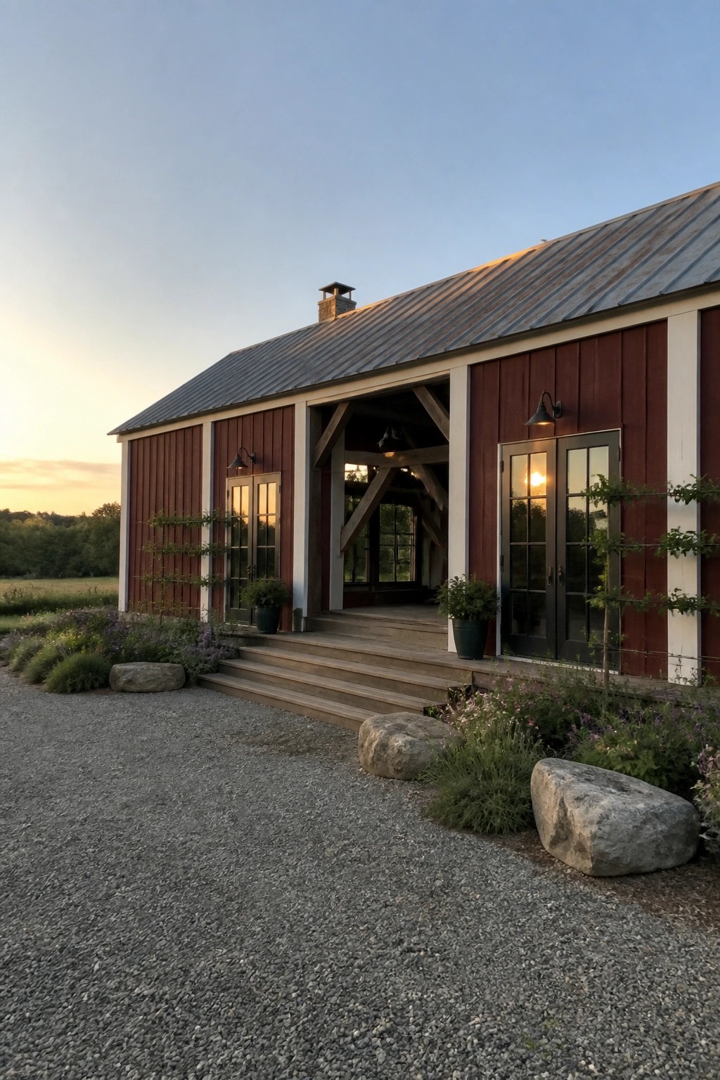 A red barn-style house exterior with white board-and-batten trim, black double doors, wooden steps, and gravel driveway at dusk.