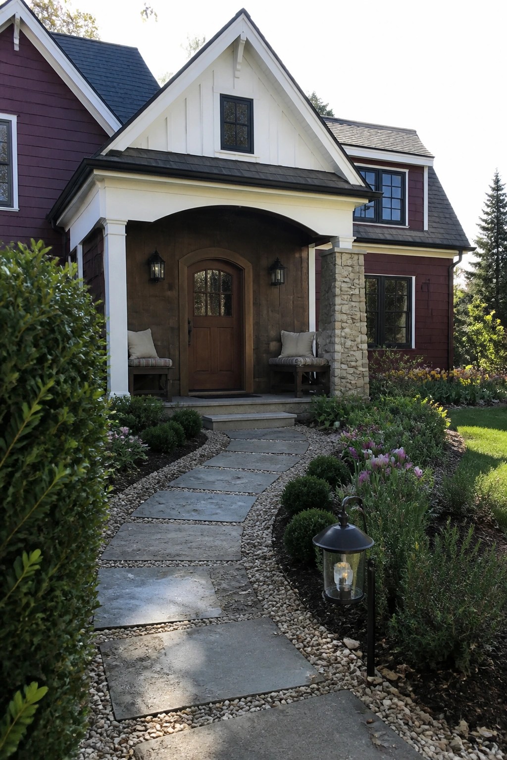 Red house with white trim, arched door, stone path, and blooming garden