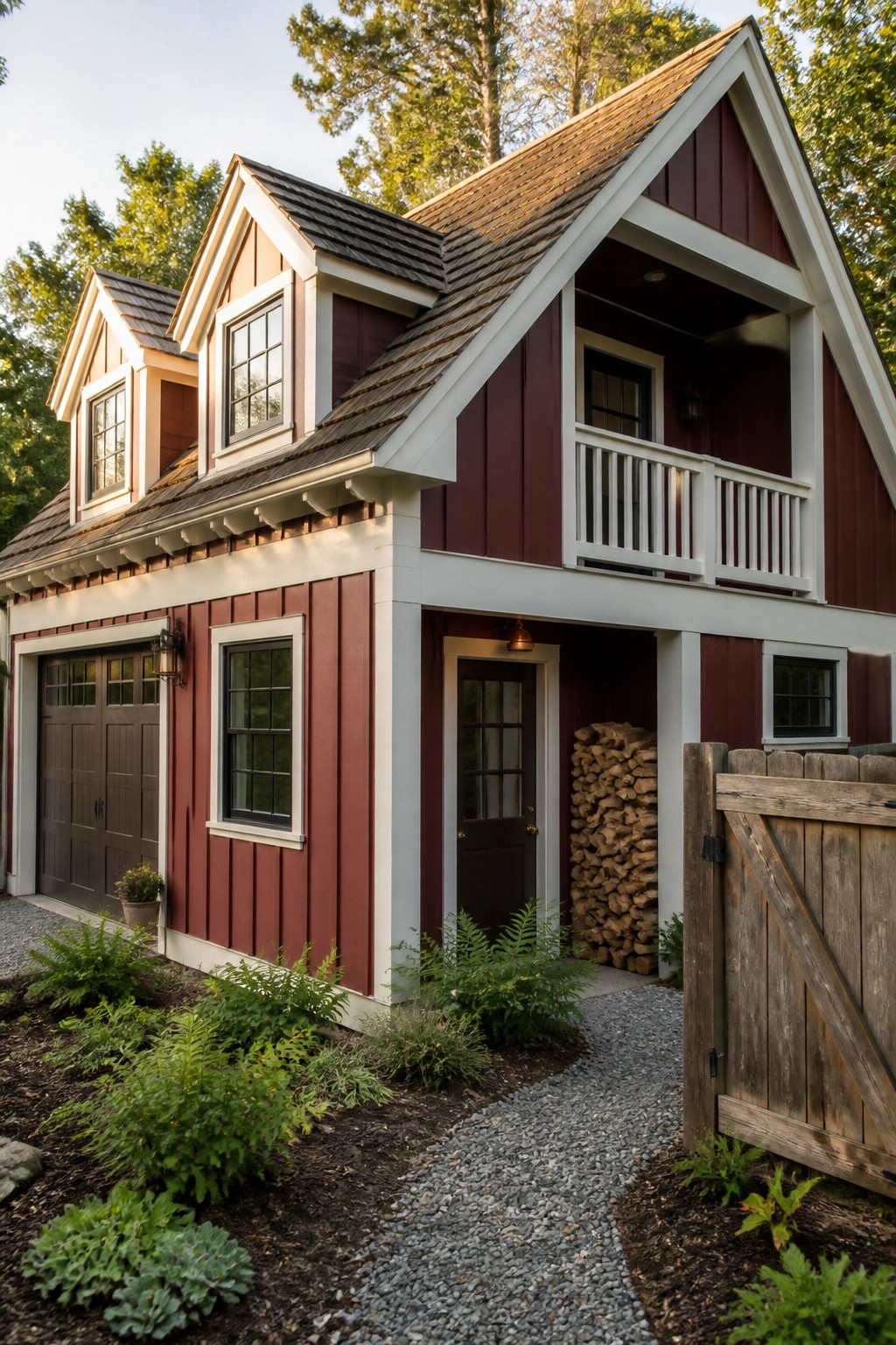 A burgundy farmhouse exterior with white board-and-batten trim, a dark front door, garage, upper balcony, and gravel path.