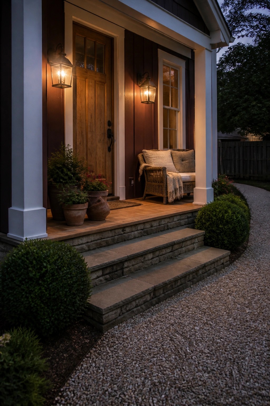 Stone steps lead to porch with glowing lanterns, wooden door, and wicker chair.