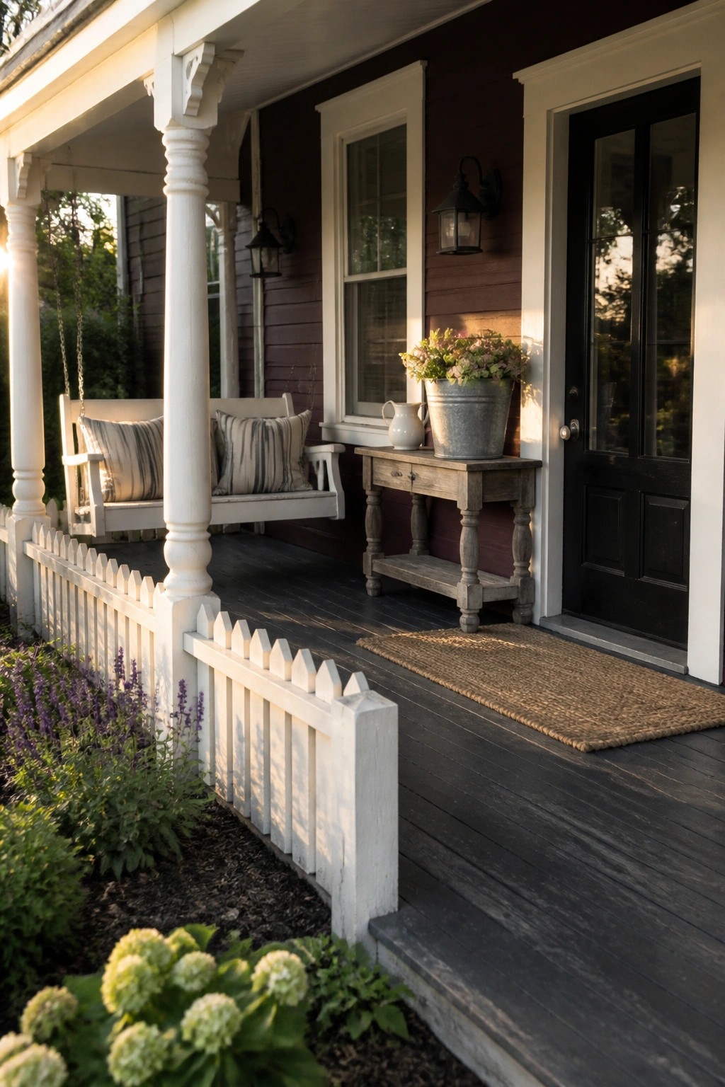 Dark wooden porch with white swing, flower pot on table, and garden blooms