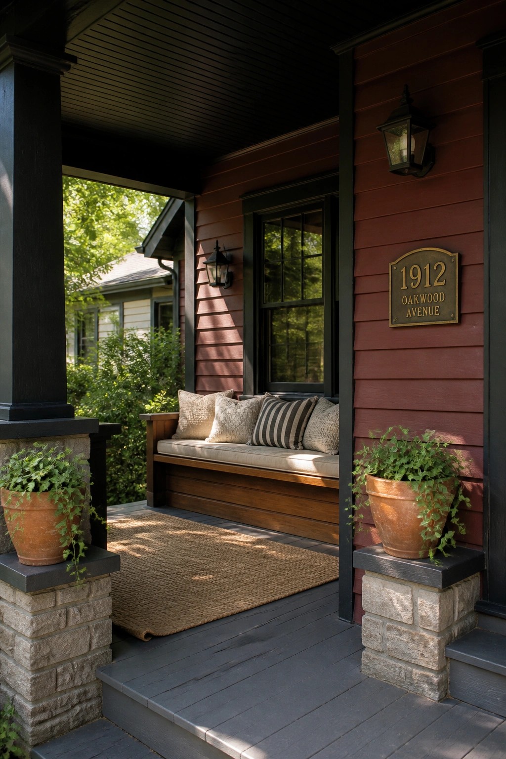 A front porch on a house with burgundy horizontal siding, black trim around the windows and posts, a wooden built-in bench with cushions, two terracotta planters on stone pillars, and a woven rug on the dark deck.