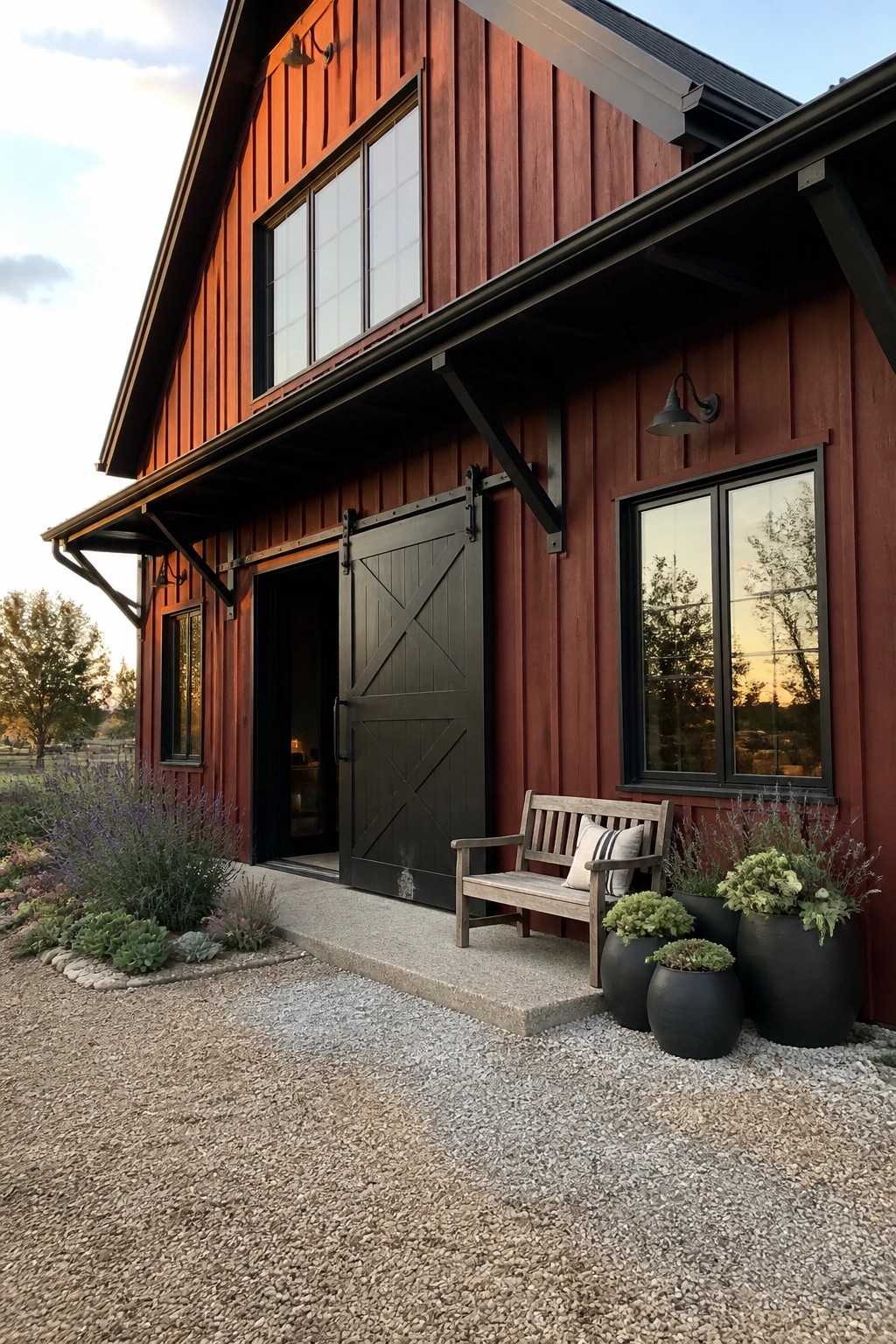 A red wooden house exterior with black sliding barn door, black window frames, and a wooden bench on a gravel path.