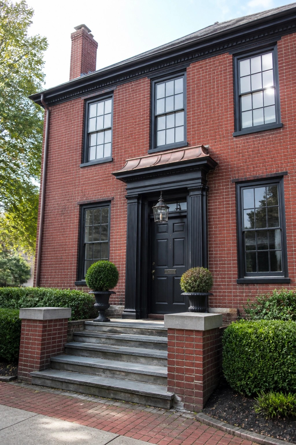 A two-story red brick house exterior featuring black window frames, a black paneled door, black trim, a copper awning, and gray stone steps flanked by brick pillars and potted shrubs.