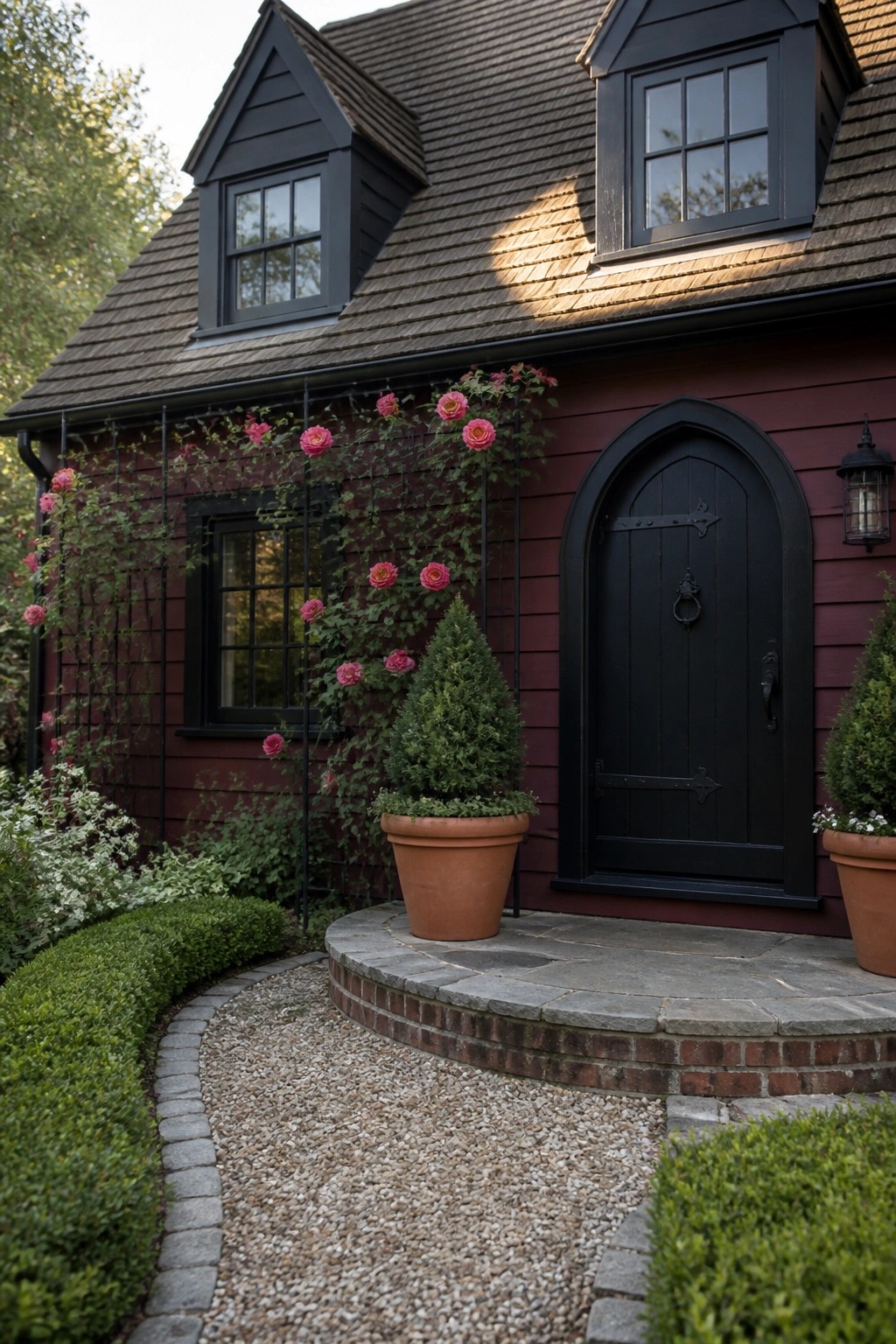 A burgundy house exterior with black trim, black arched door, and climbing pink roses on a black trellis beside a gravel path.