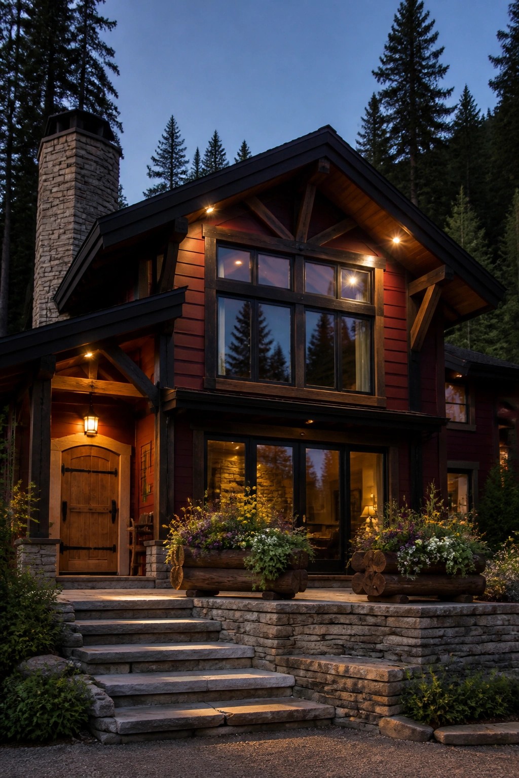 A two-story house with burgundy siding, black trim around windows and beams, a stone chimney, and flower boxes on the front steps.