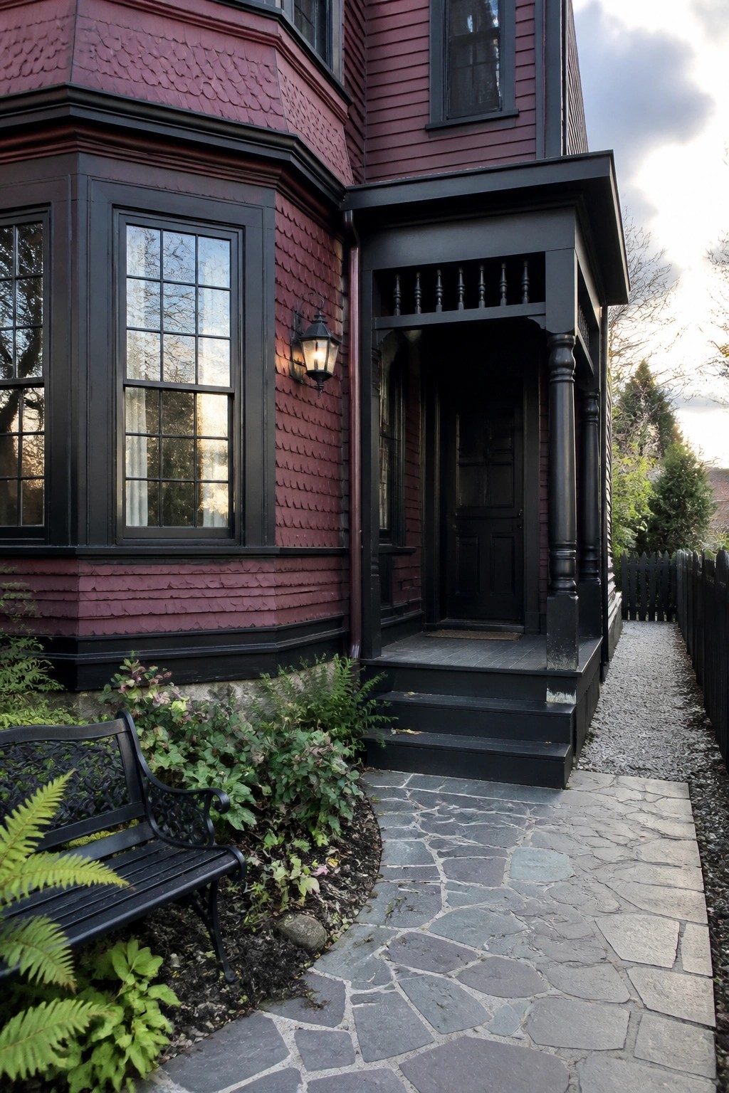 A two-story burgundy house with black trim, black door, and black porch posts, viewed from a stone path beside a black bench and garden bed.