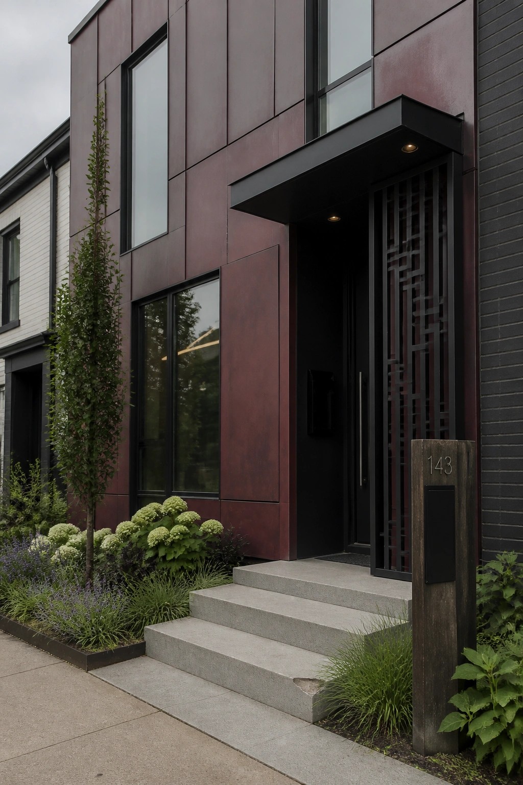Modern burgundy building entrance with black door, concrete steps, and garden plants.