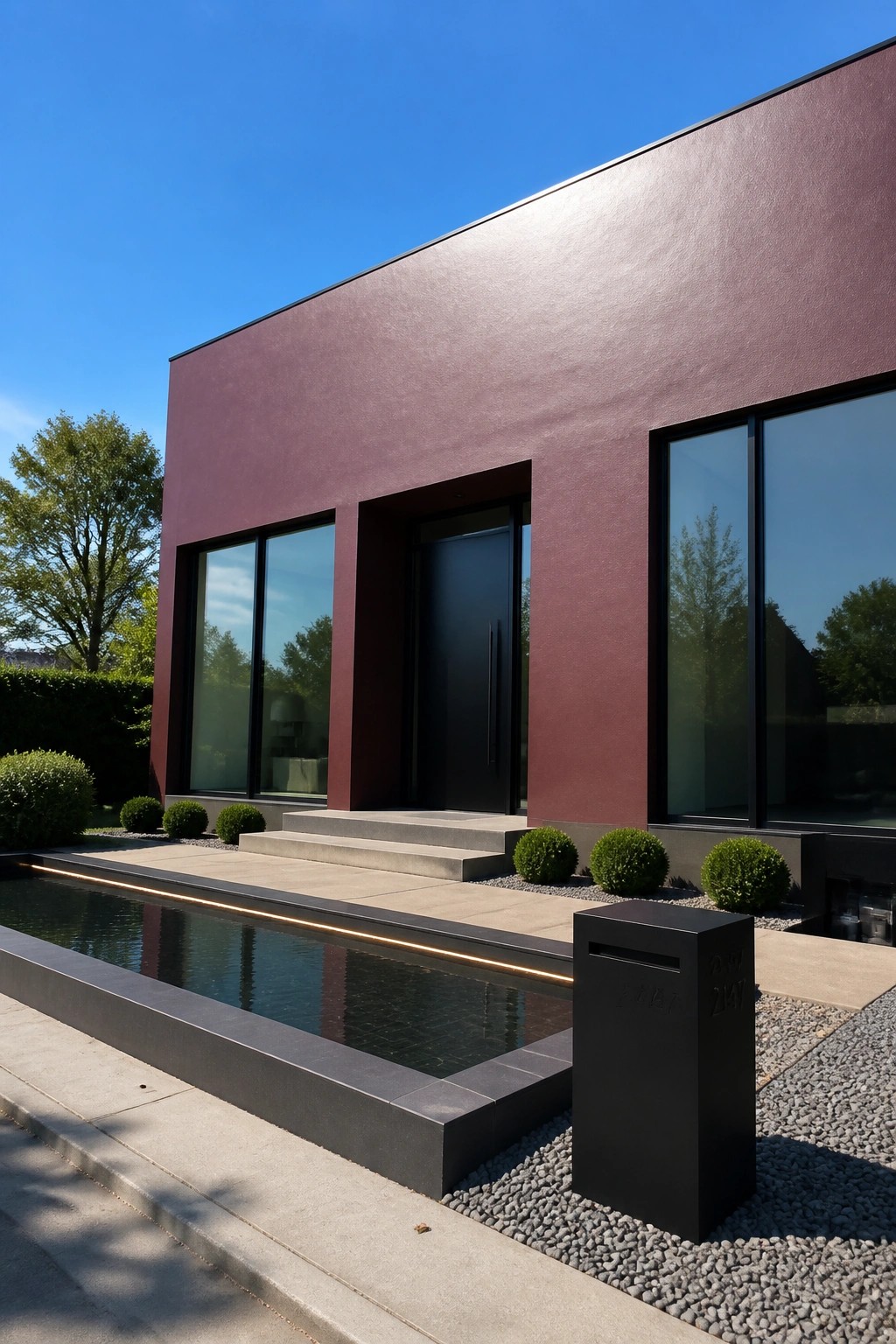 Modern maroon house with black door, windows, steps, and linear water feature