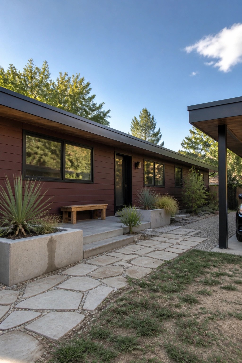 A single-story house with burgundy horizontal siding, black window frames and door, concrete steps, and stone pavers leading to the entrance.