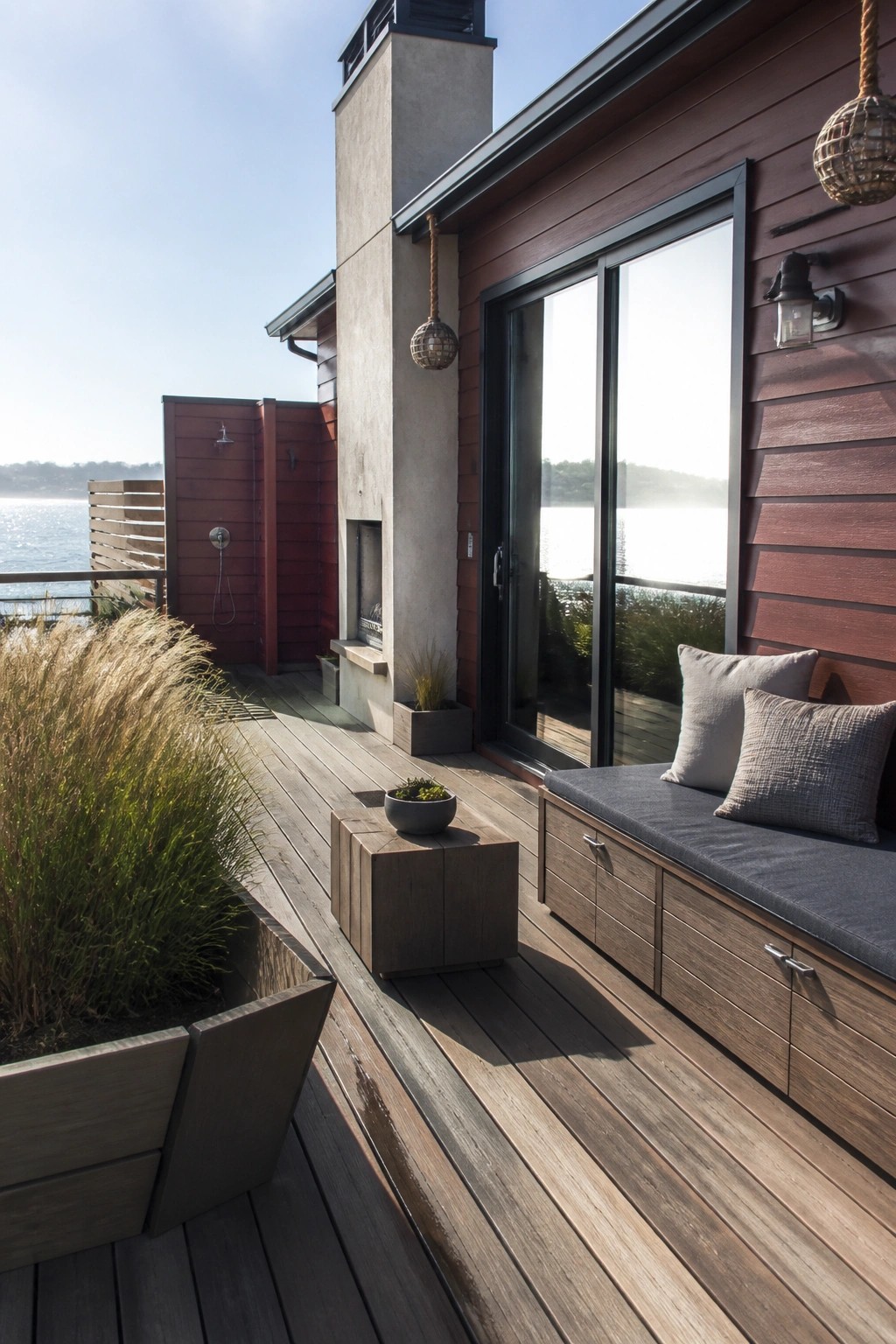 A wooden deck with built-in bench seating, storage drawers, and maroon house siding beside a body of water.