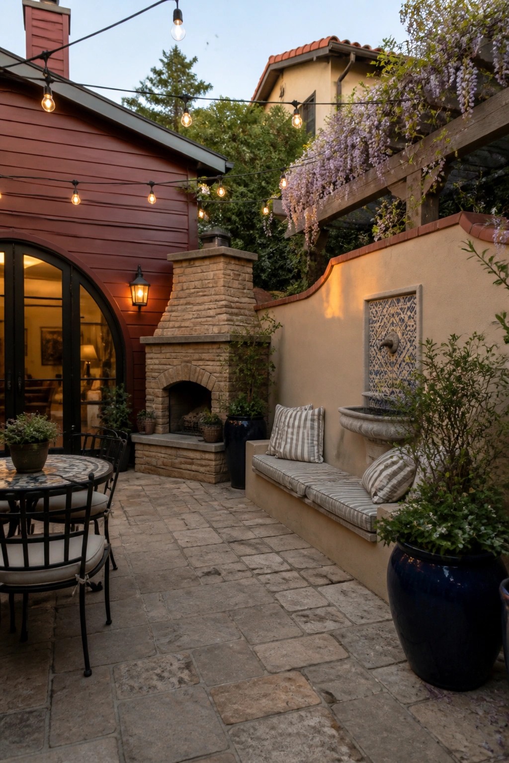 A stone patio with built-in cushioned seating along a stucco wall, a brick fireplace, string lights overhead, and a house with deep red lap siding visible on the left.