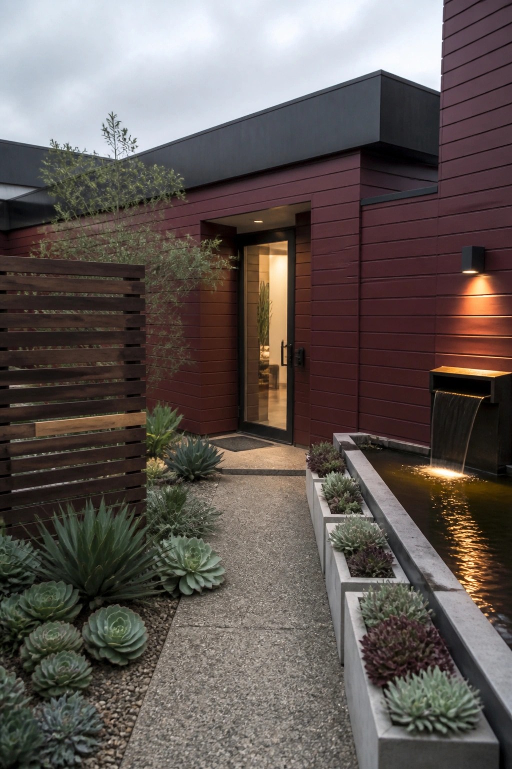 Modern red house with open door, succulent-lined concrete path, and cascading water feature.