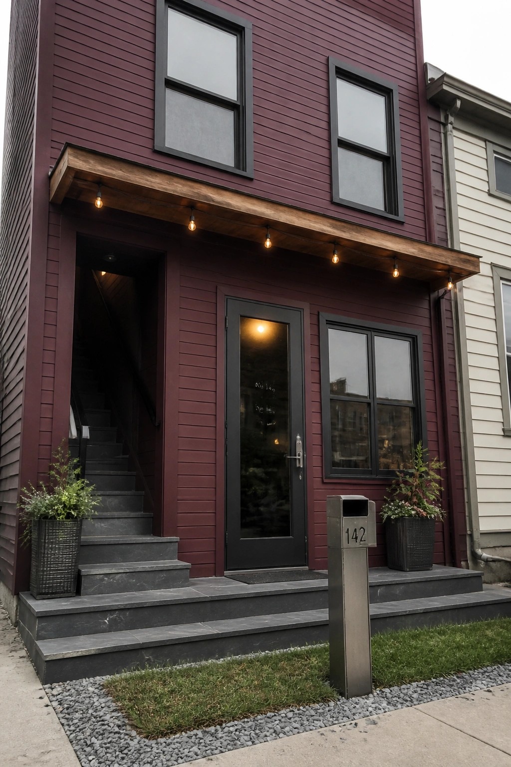 Modern maroon house with black door, string lights, potted plants, and open stairs.