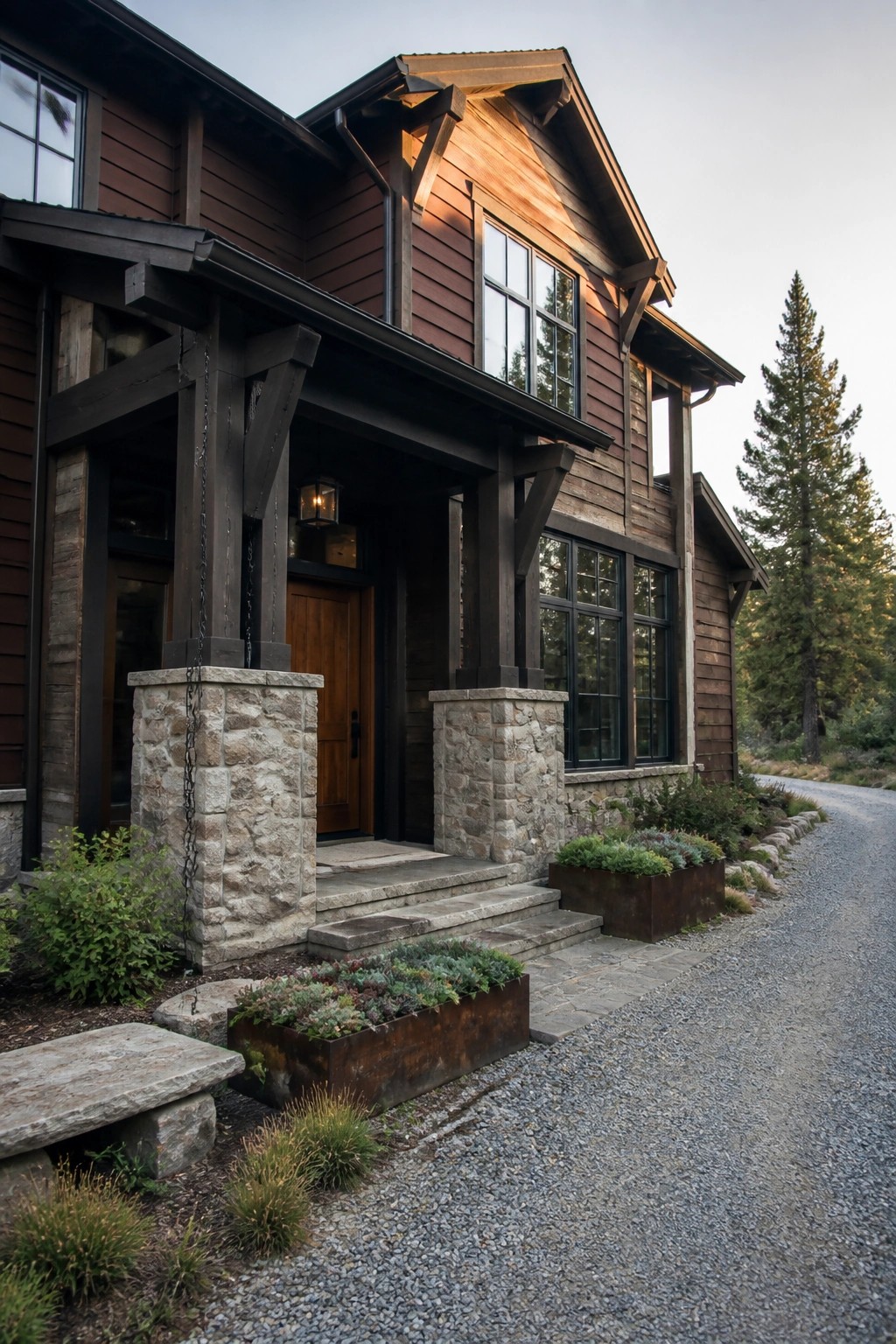 A two-story house with deep red horizontal lap siding, dark wood trim and brackets, stone porch pillars, and a gravel driveway along the side.