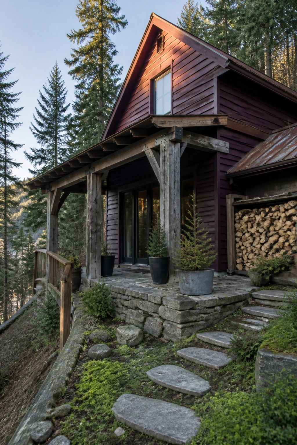 A house exterior with deep red lap siding, a wooden porch supported by heavy posts, a stone foundation, and stone steps leading up from a wooded path.