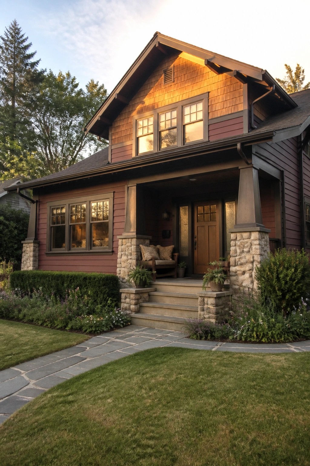A two-story house with deep red lap siding, stone porch supports, dark trim, and a wooden front door under a covered entry.
