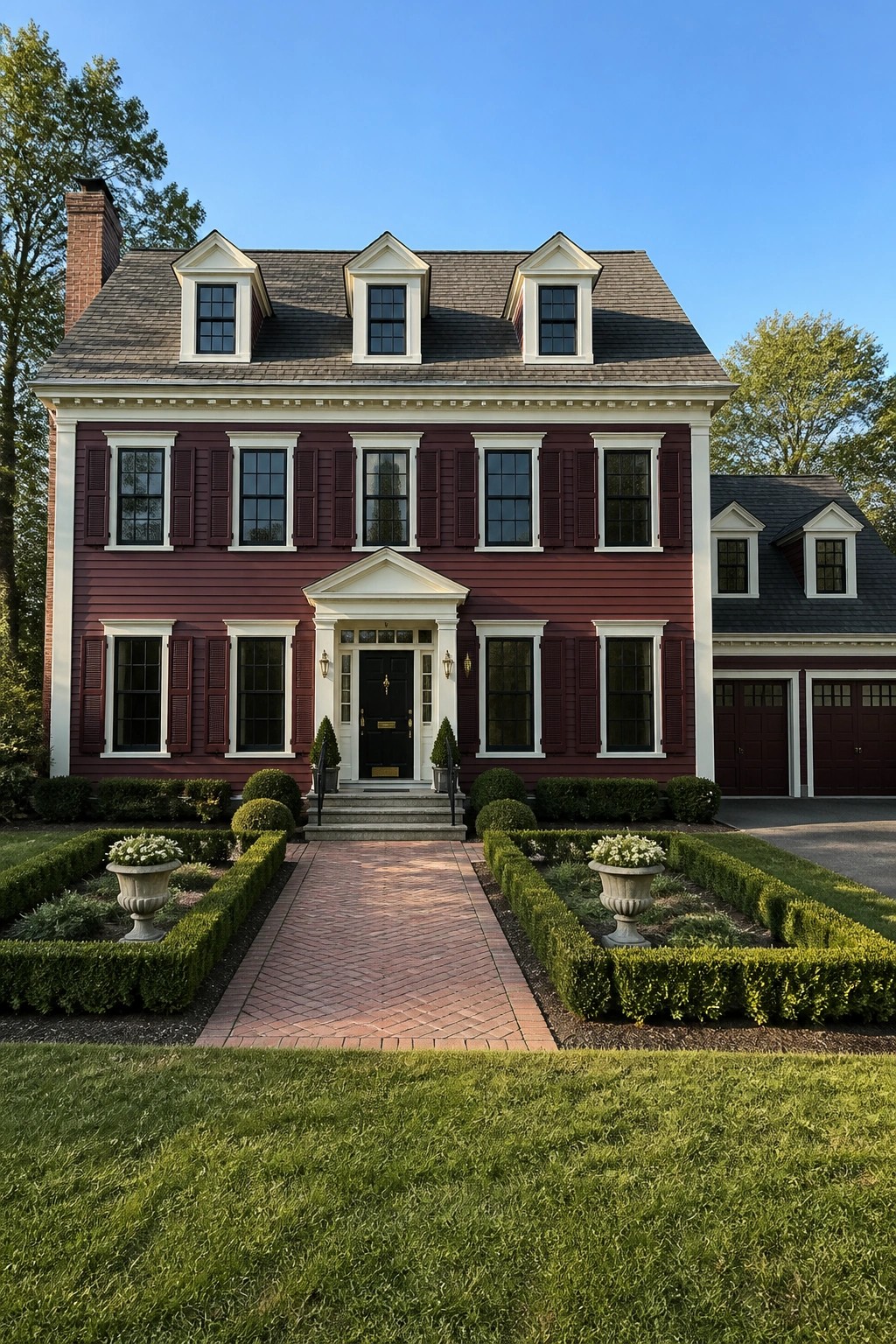 A two-story maroon house with white trim, black shutters, dormer windows, and a central white portico over the front door, with a brick walkway and formal landscaping in front.