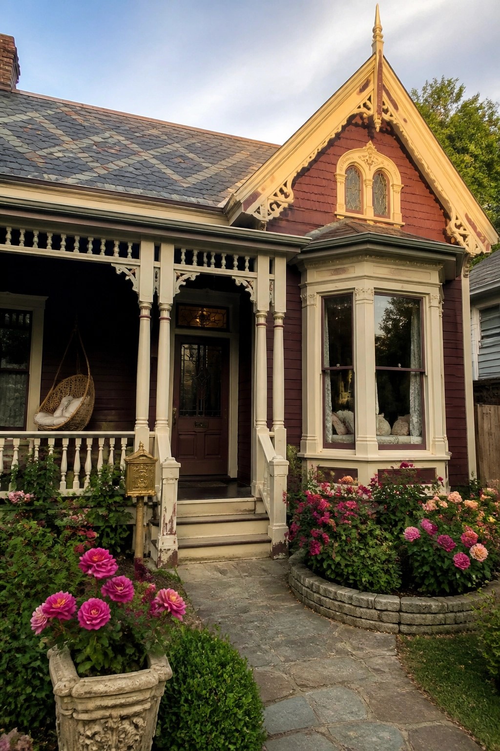 A two-story maroon house with deep red lap siding, white trim, a covered front porch with steps, a bay window, and rose bushes along the stone path.