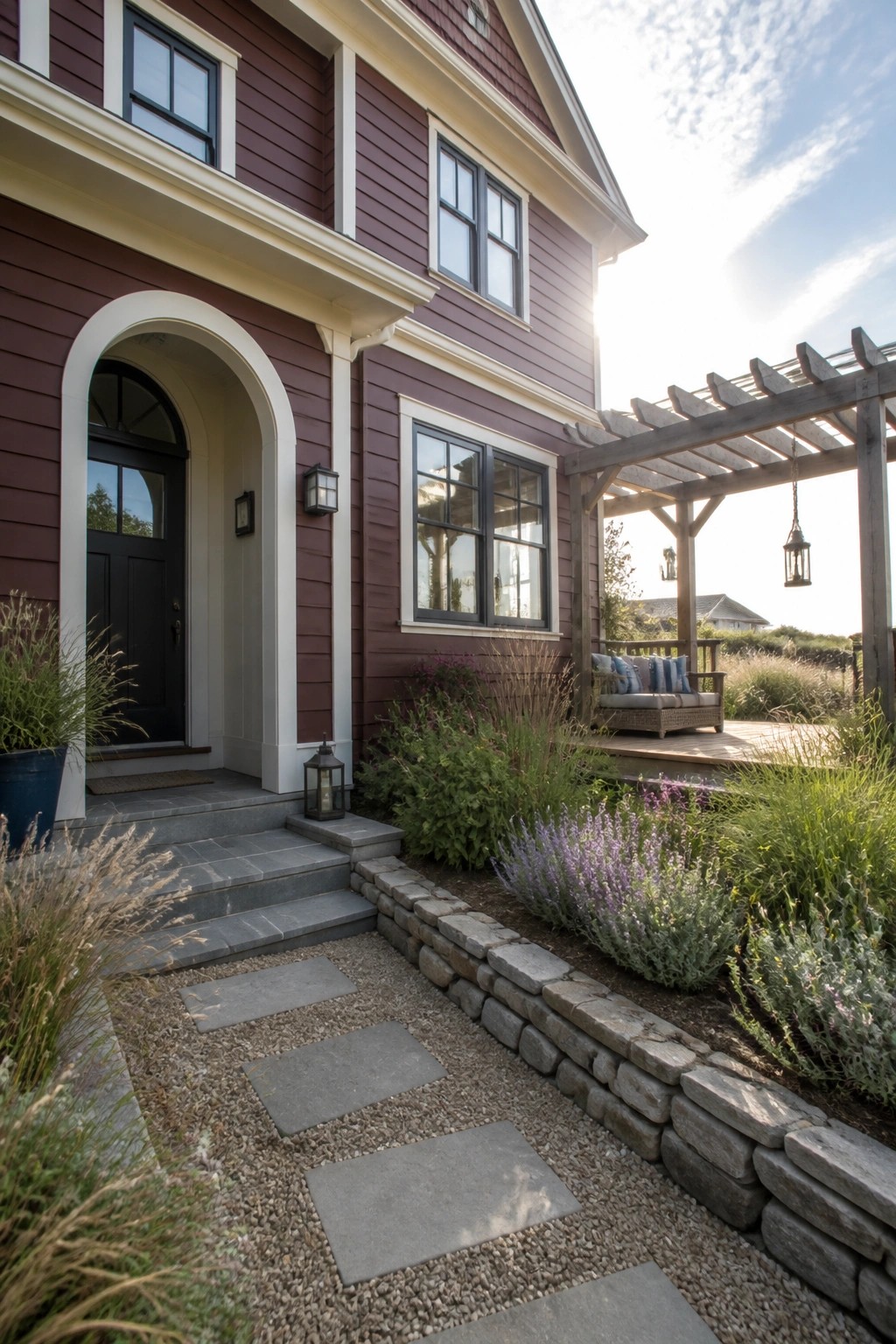 A two-story house with deep red lap siding, white trim, an arched entry with a black door, gray stone steps, and a wooden pergola beside a landscaped garden area.