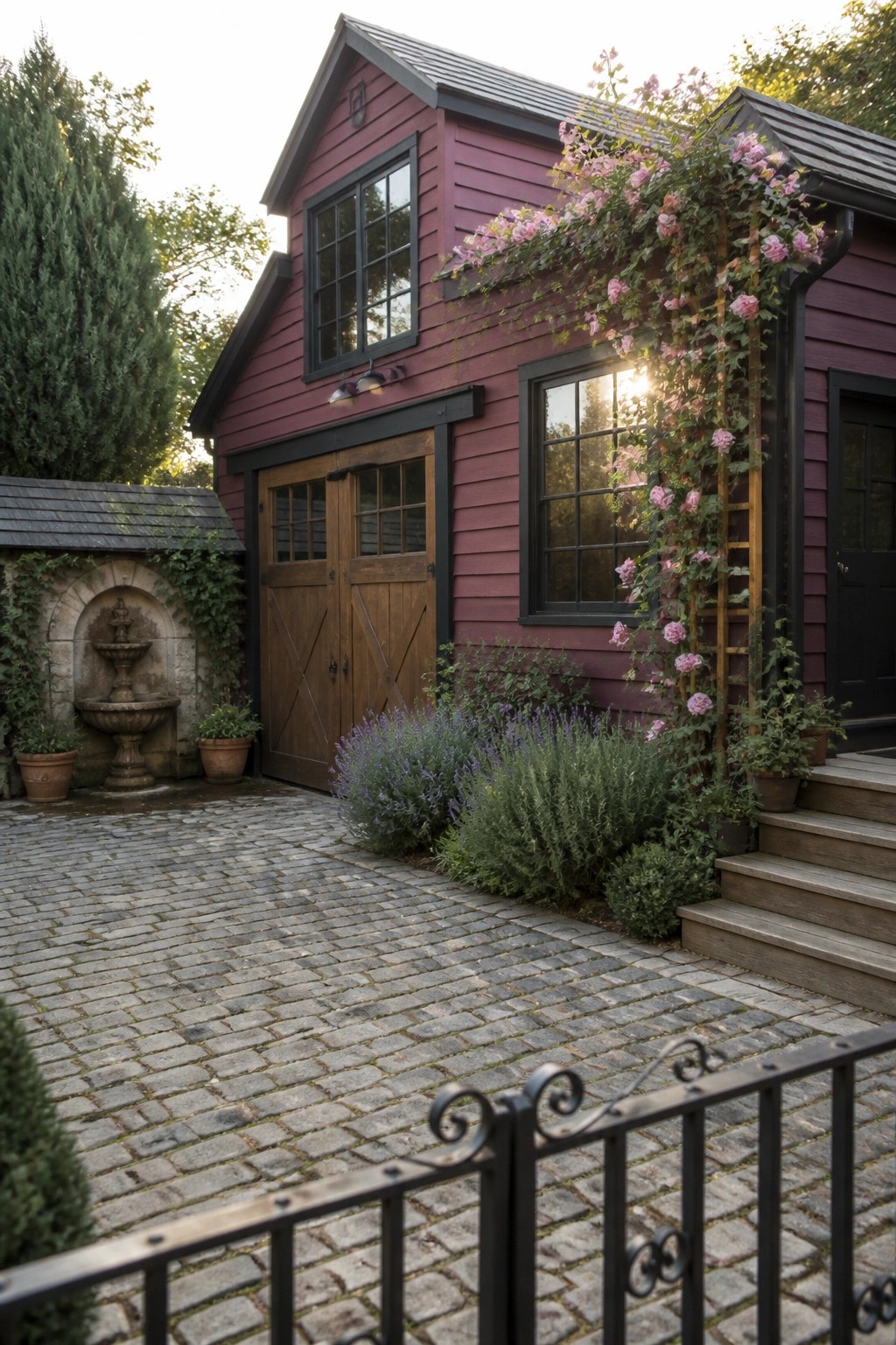 A maroon house exterior with black trim, wooden garage doors, climbing pink roses on a trellis, and a cobblestone driveway.