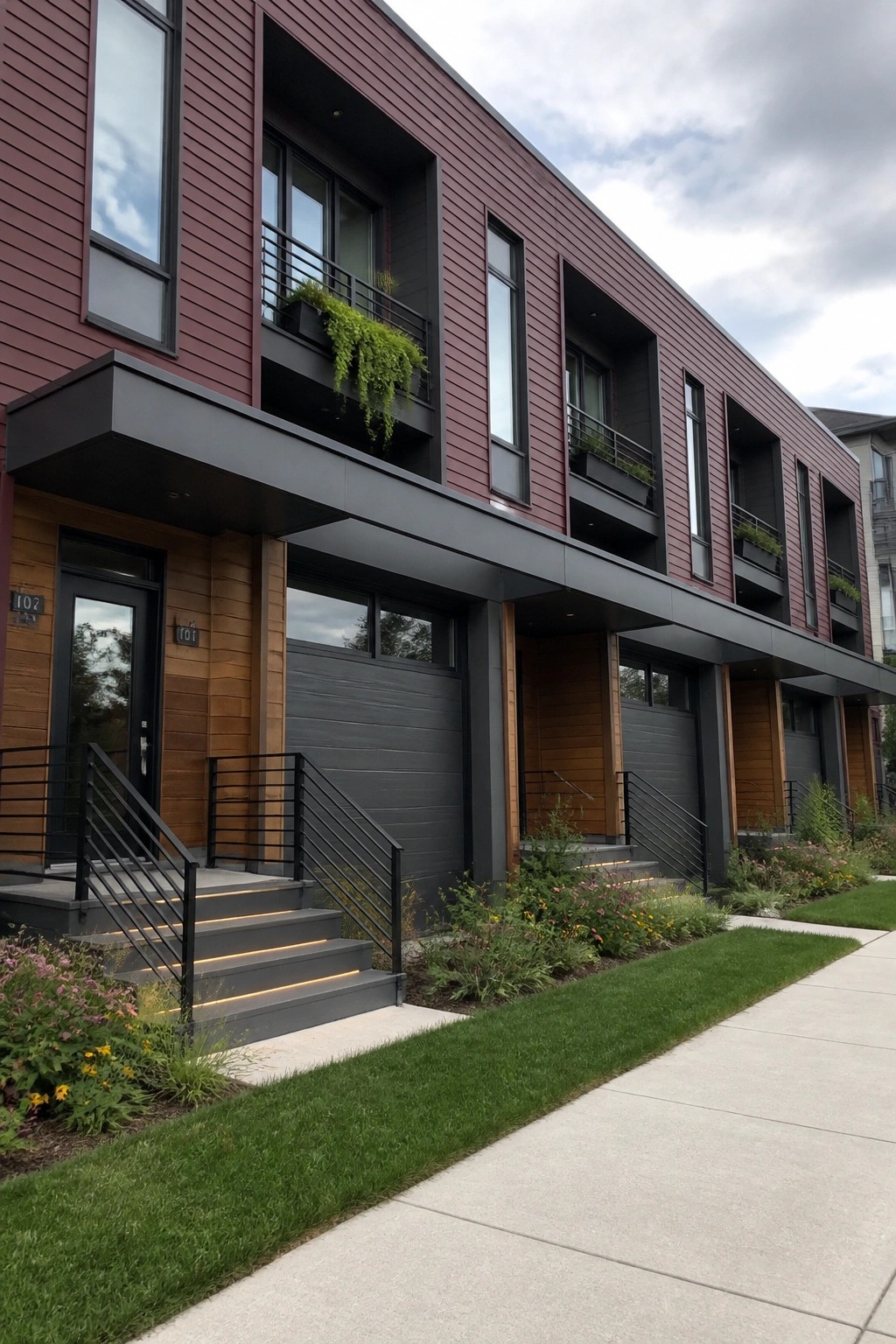 Modern multi-unit residential building with deep maroon lap siding, dark metal trim and overhangs, and wood cladding around the entrances and garage doors.