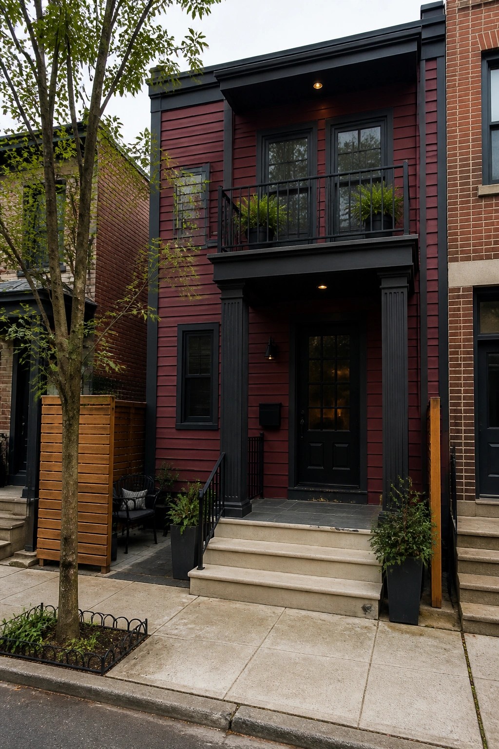 Red townhouse with black door, balcony, columns, and concrete front steps.
