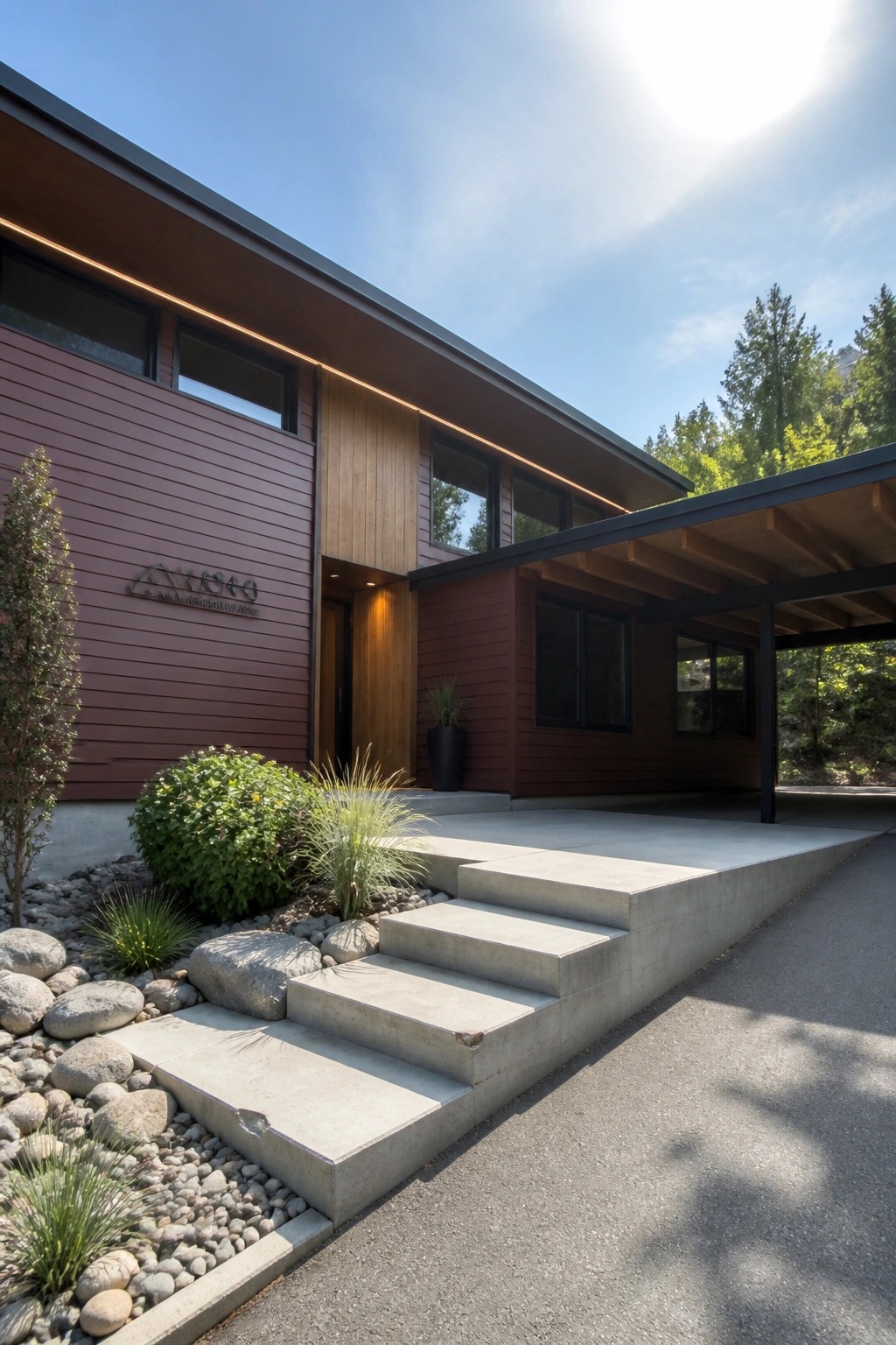 Modern red-and-wood house with concrete steps, carport, and rock landscaping under blue sky