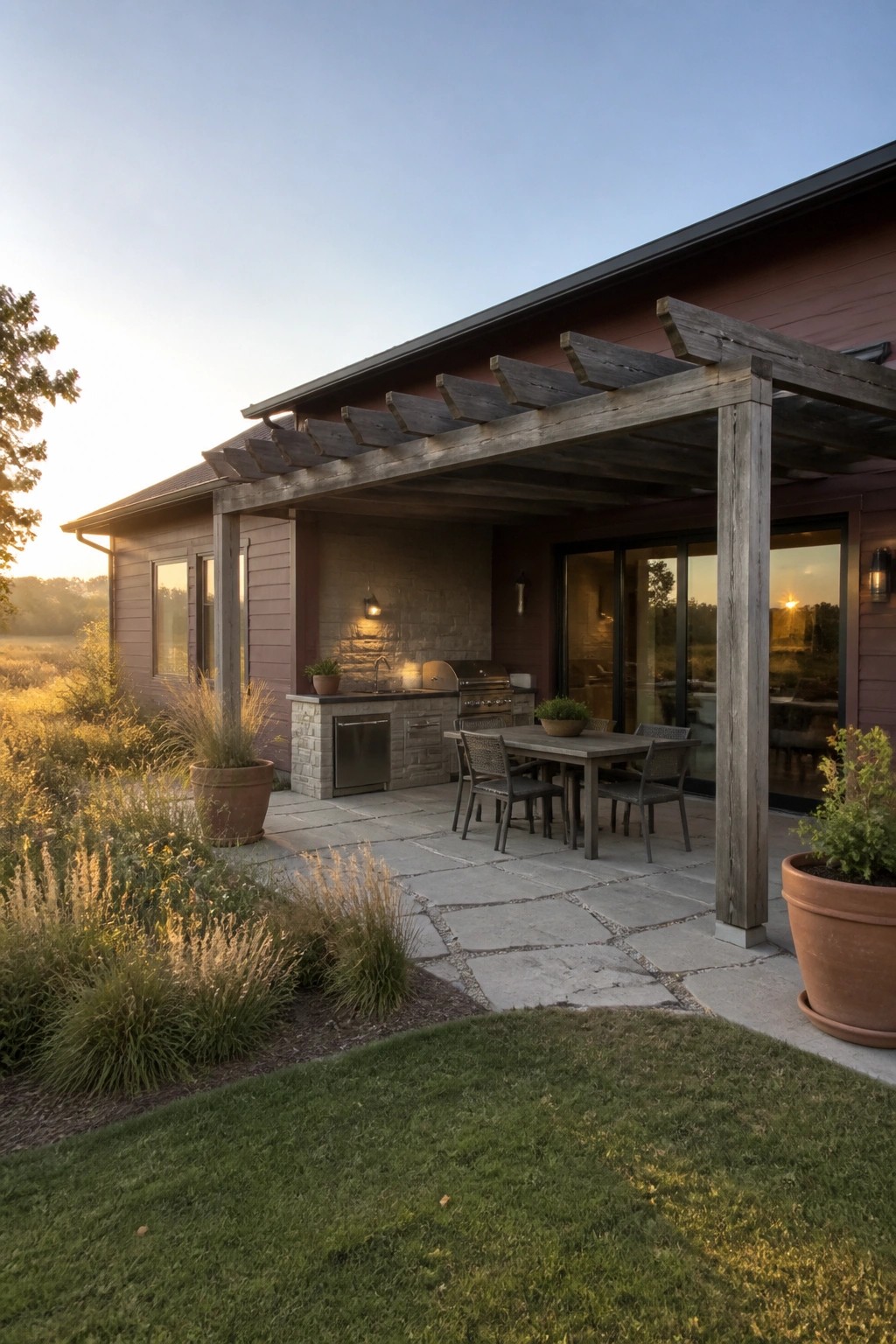 Modern house patio with wooden pergola, outdoor kitchen, dining table, and sunset glow