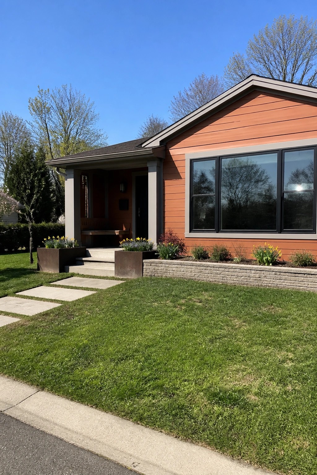 A single-story house with burnt orange horizontal lap siding, gray trim, large black-framed windows, and a covered front porch.