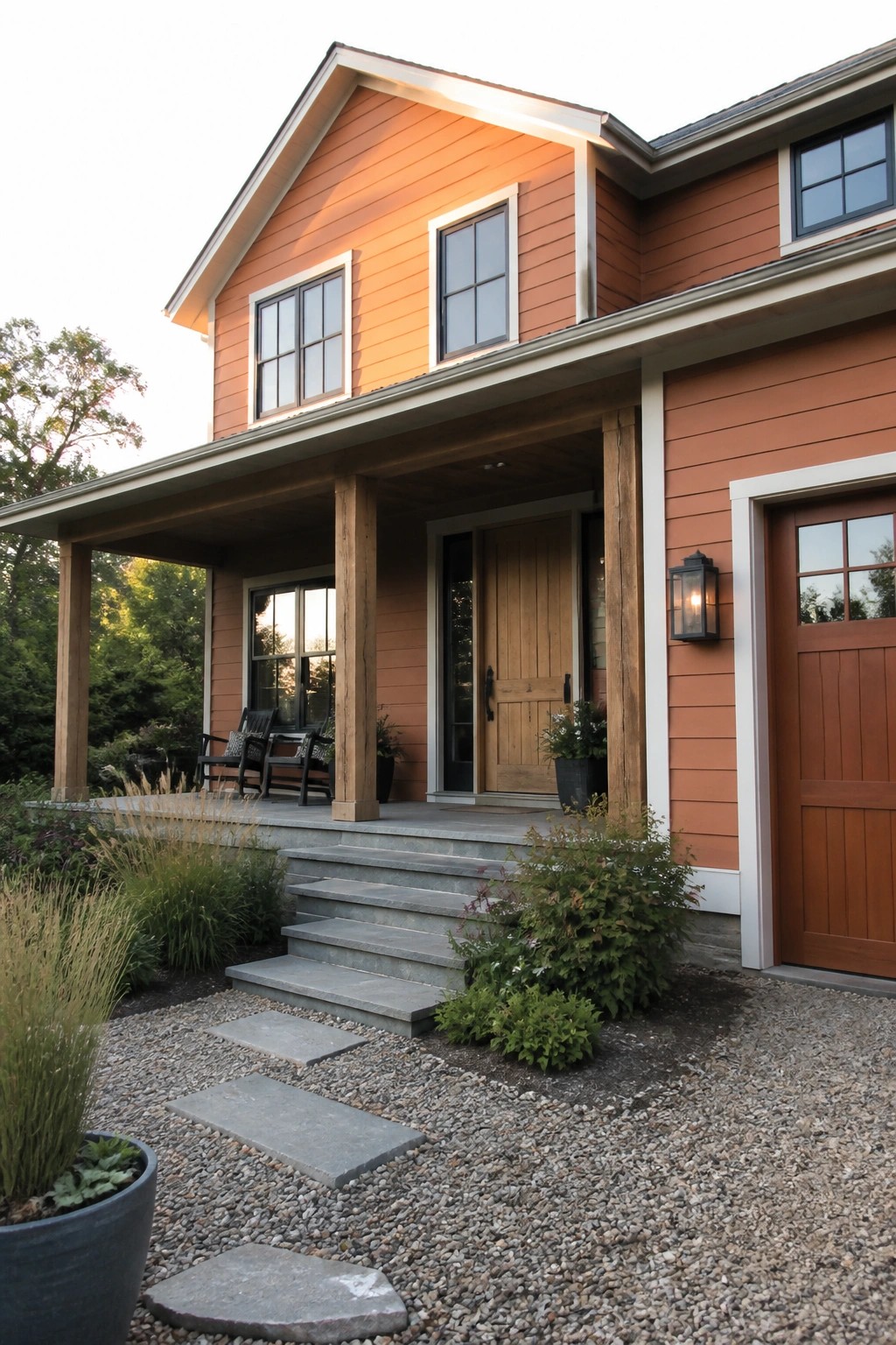 Two-story orange house with wooden porch, door, stone steps, and gravel path.