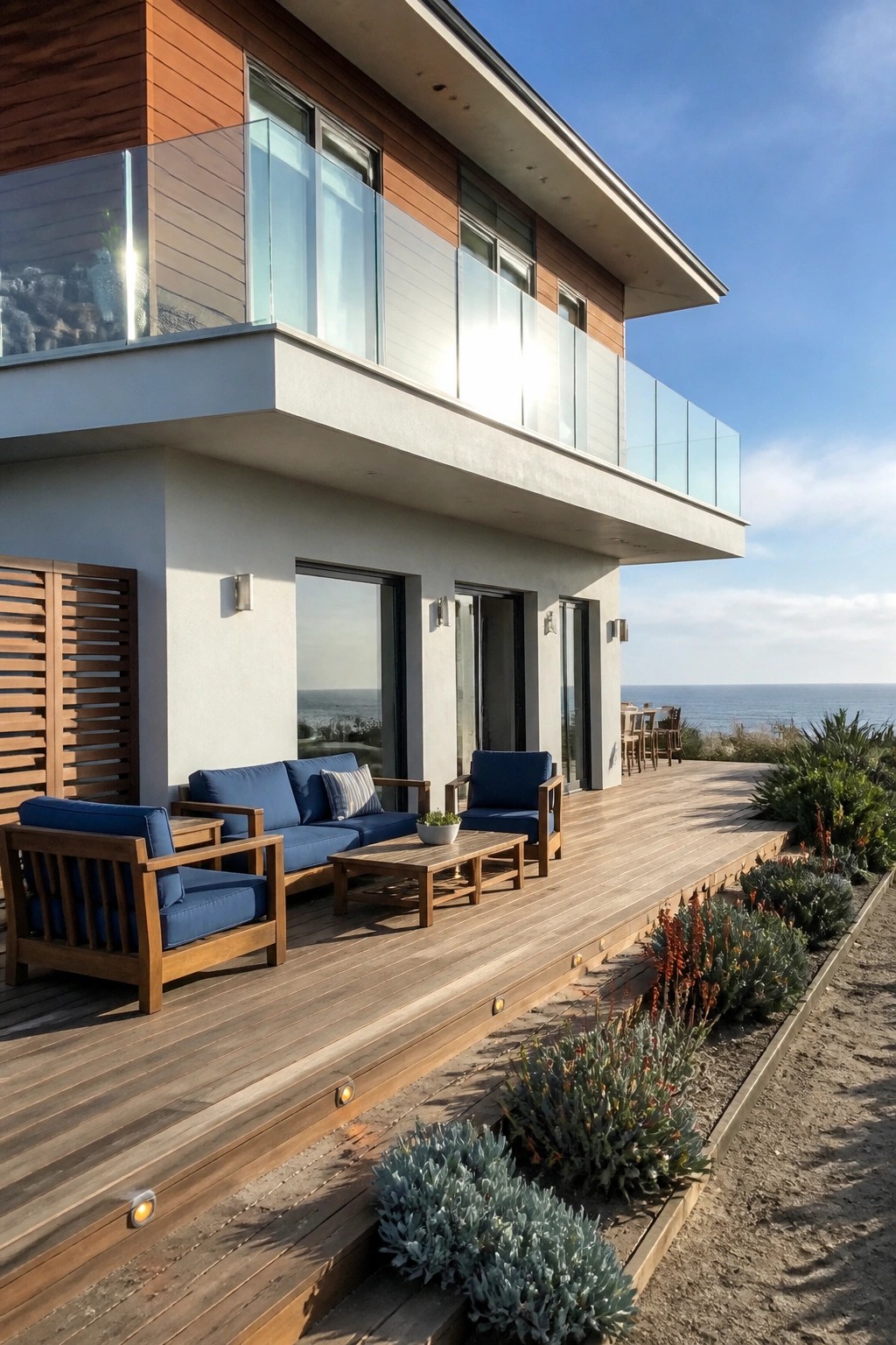 A modern house with burnt orange lap siding on the upper level above a light concrete base, a glass balcony railing, and a wooden deck with blue outdoor furniture facing the ocean.