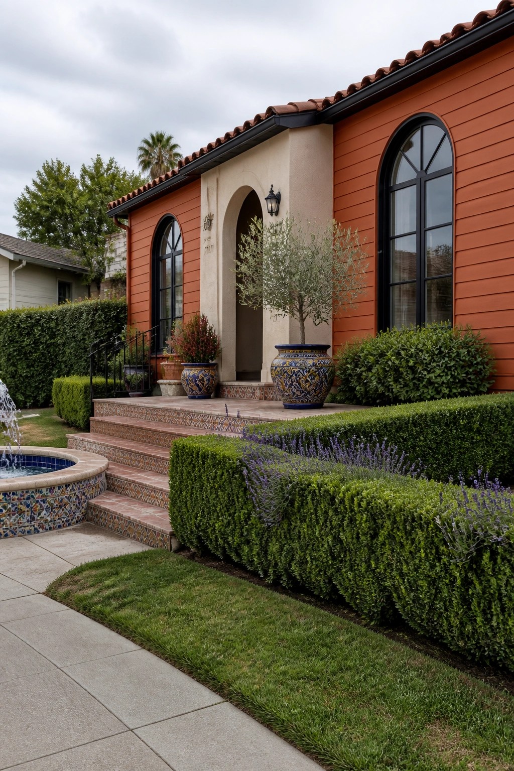 A front view of a house featuring burnt orange horizontal siding, arched black-framed windows, a stucco entry arch, and decorative tile on the steps.