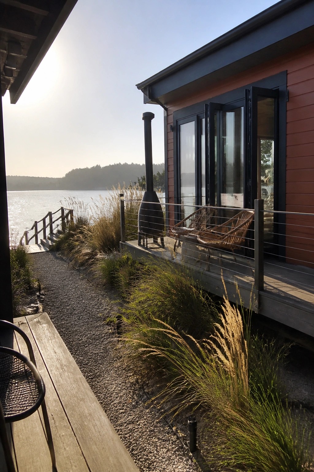 Modern house exterior with burnt orange lap siding, black window frames, and a deck overlooking water.