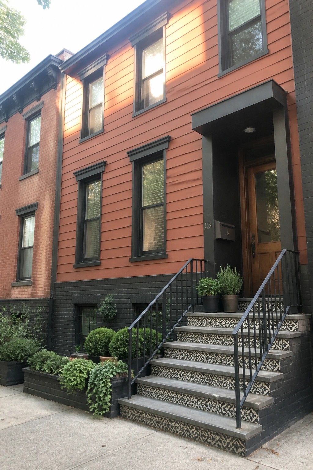 Front view of a row house with burnt orange lap siding, black trim on windows and door surround, black lower foundation, and a set of stairs with patterned tile risers.