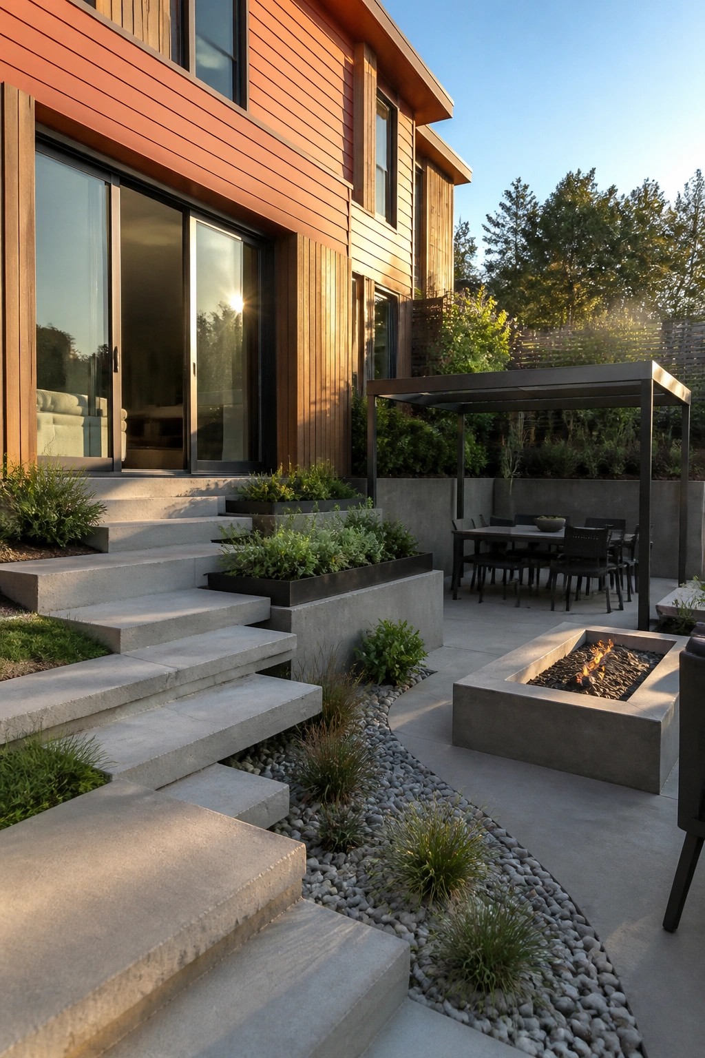 Modern house exterior with burnt orange lap siding, large sliding glass doors, concrete steps, and an adjacent patio with a fire pit and dining area.