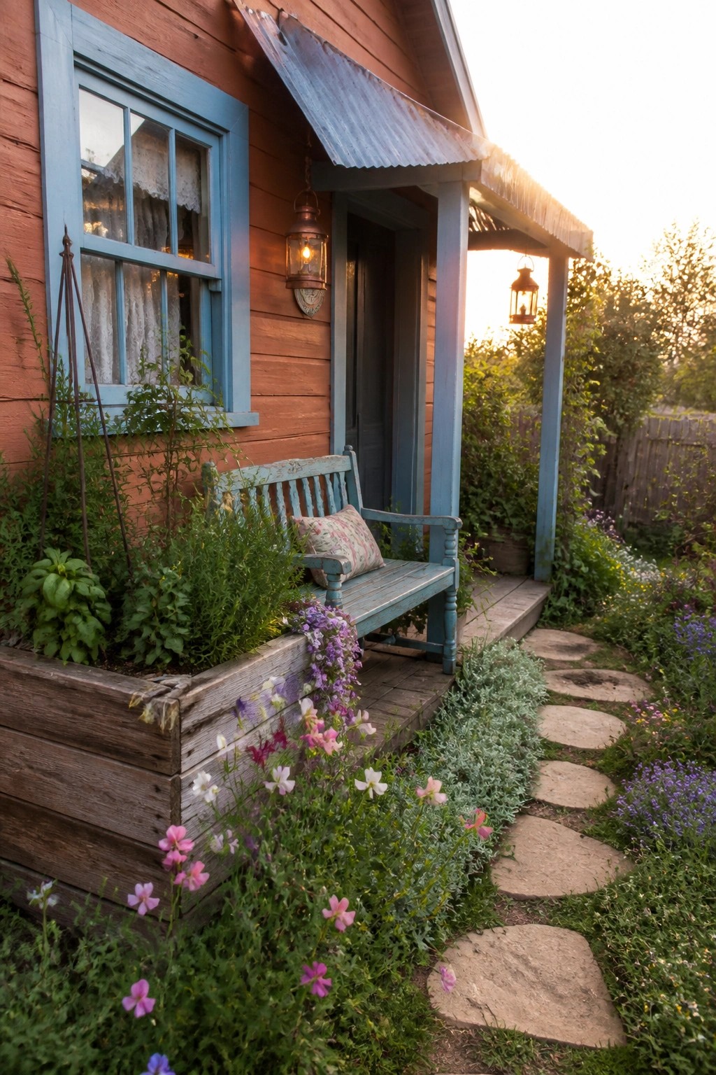 Rustic red wooden cabin with blue porch bench, blooming flowers, and stone garden path.